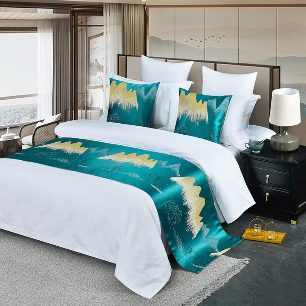 QFWMCW Luxury Hotel Bed Runner & Scarf - Gray Beige Chinese Landscape Pattern Bed End Towel - Elegant Bed Throw for Twin, Queen & King Size Beds - Perfect for Home Decor, Wedding Bedding & Hotel Room Styling