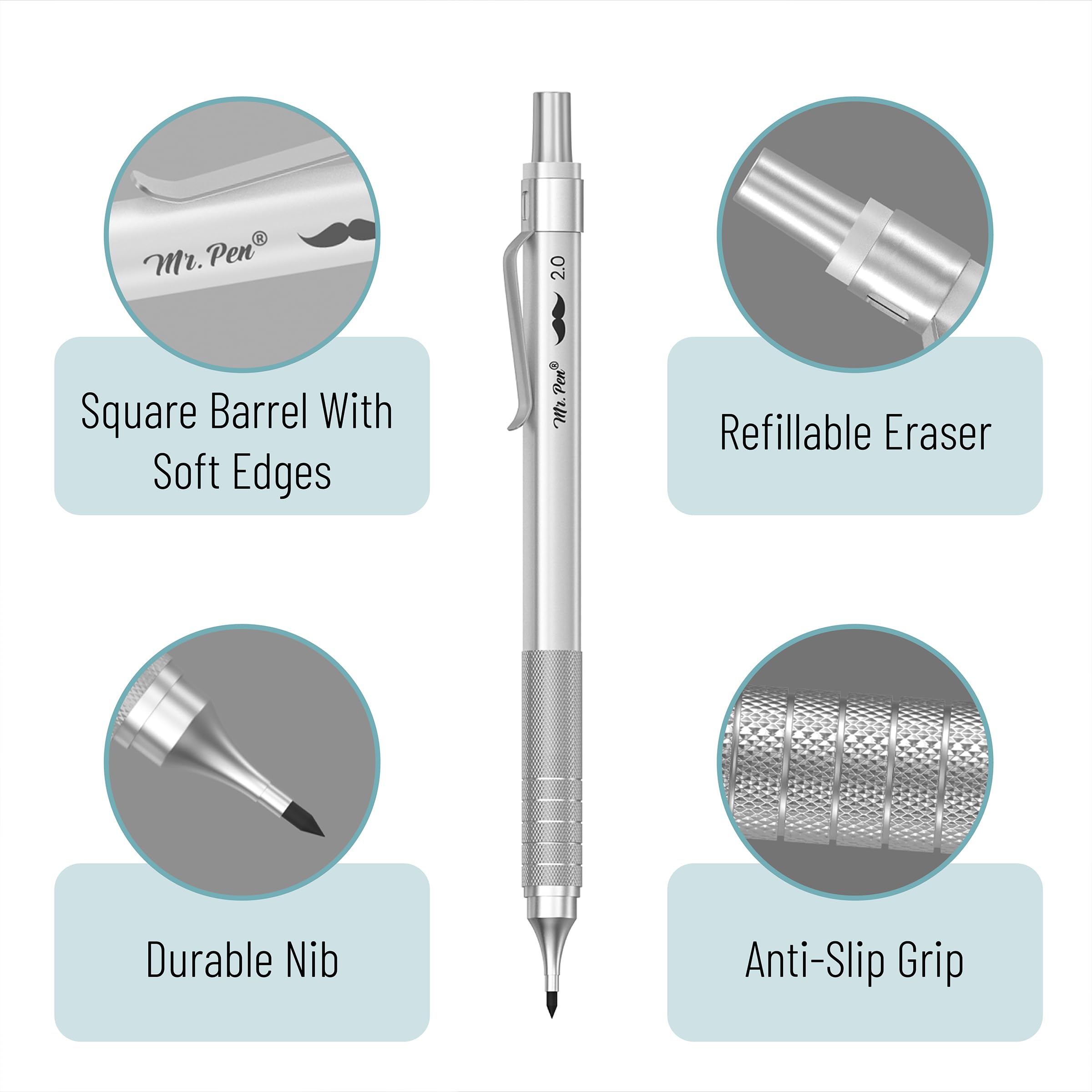 Mr. Pen Metal Mechanical Pencil Set - 5 Sizes (0.3mm, 0.5mm, 0.7mm, 0.9mm, 2mm) for Sketching, Drafting & Writing | Professional Drawing Pencils for Artists, Engineers & Students | Durable Metal Construction for Precision Work