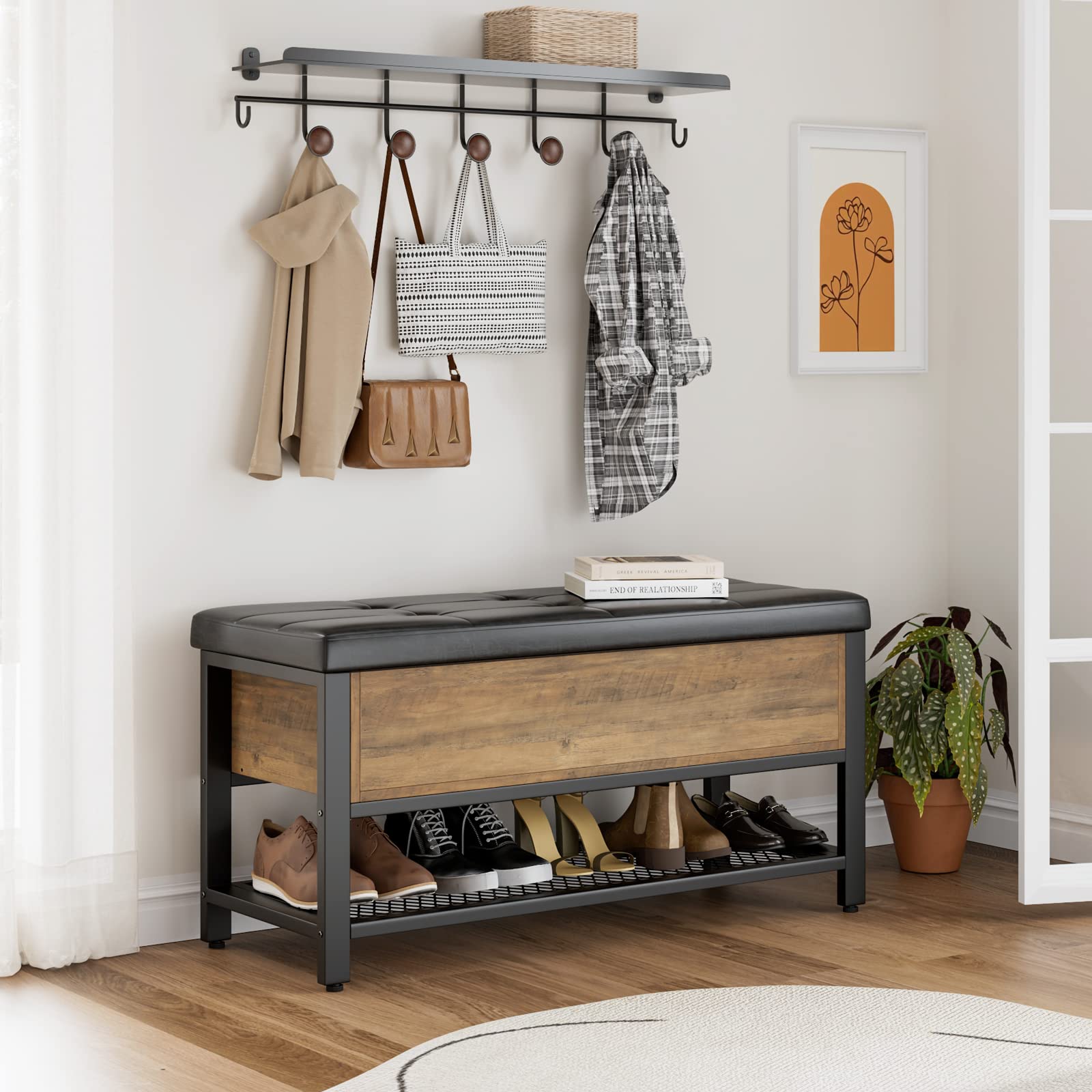 HOSTACK Storage Bench with Flip-Open Lid - Rustic Brown Entryway Shoe Bench, Bedroom Ottoman with Storage Shelf & Padded Seat - Perfect for Hallway, Living Room & Bed End Organization