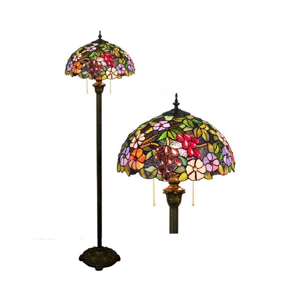 Tiffany Style Floor Lamp with Stained Glass & Flower Grape Design - Rustic Umbrella Shaped 2-Light Floor Lamp for Living Room, Bedroom, or Office Decor