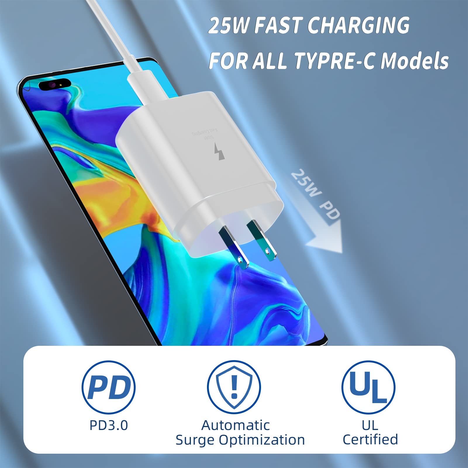 25W Super Fast Charging USB C Wall Charger & Cable (2-Pack) - Compatible with Samsung Galaxy S21/S20/Note10/S9, LG, Google Pixel, PD Fast Charge - Perfect for Home, Office & Travel