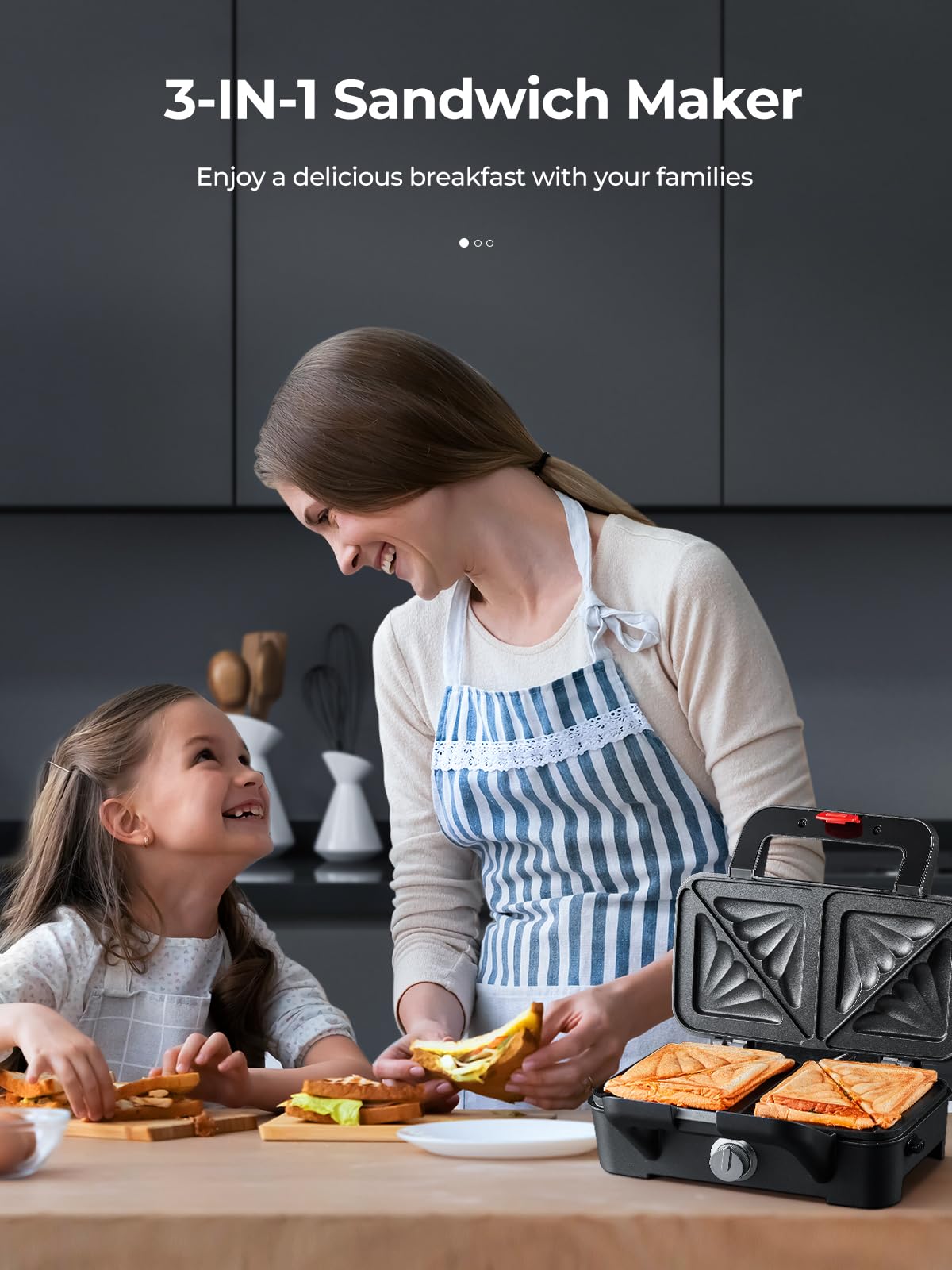 3-in-1 Sandwich Maker & Waffle Iron with Removable Plates - Panini Press, 5-Temperature Settings, Non-Stick Coating, Cool-Touch Handle & Anti-Skid Feet - Perfect for Breakfast, Brunch & Quick Meals (1200W)
