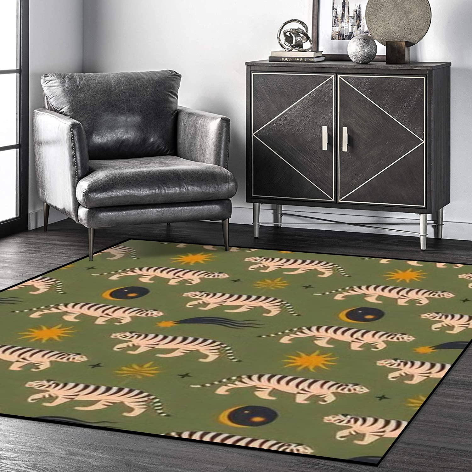 Boho Asian Style Indoor/Outdoor Rug with Chinese Tiger Pattern - Non-Slip Floor Carpet for Living Room, Coffee Table, Chair Mats | Home Decor Gift for Housewarming & Festive Occasions