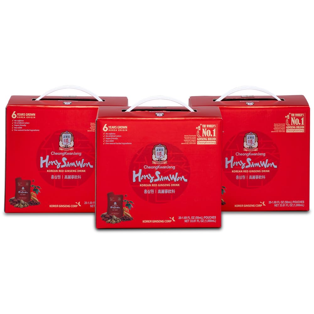 CheongKwanJang Korean Red Ginseng Energy Drink with Ginger, Goji Berry & Cinnamon | Herbal Tea for Pre-Workout Boost, Productivity & Circulation | 60 Pouches | Great for Office, Gym & Study Sessions
