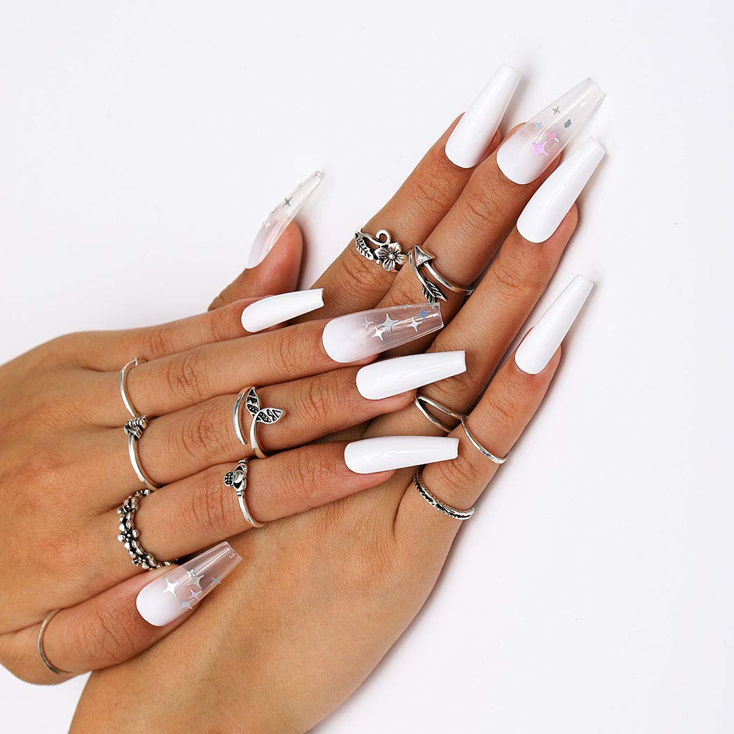 Gangel Coffin False Nails - 24Pcs Sparkle Star Acrylic Press on Nails, Long Ballerina Full Cover Fake Nails in Pure White | Perfect for Christmas Parties, Weddings, and Special Occasions | Gifts for Women and Girls