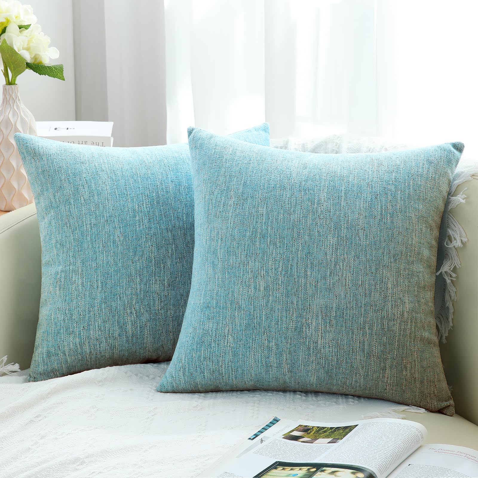 Farmhouse Chenille Spring Throw Pillow Covers 26x26 Set of 2 - Textured Square Decorative Couch Sofa Bed Pillowcases for Living Room, Turquoise - Perfect for Seasonal Home Decor & Cozy Living Room Accents