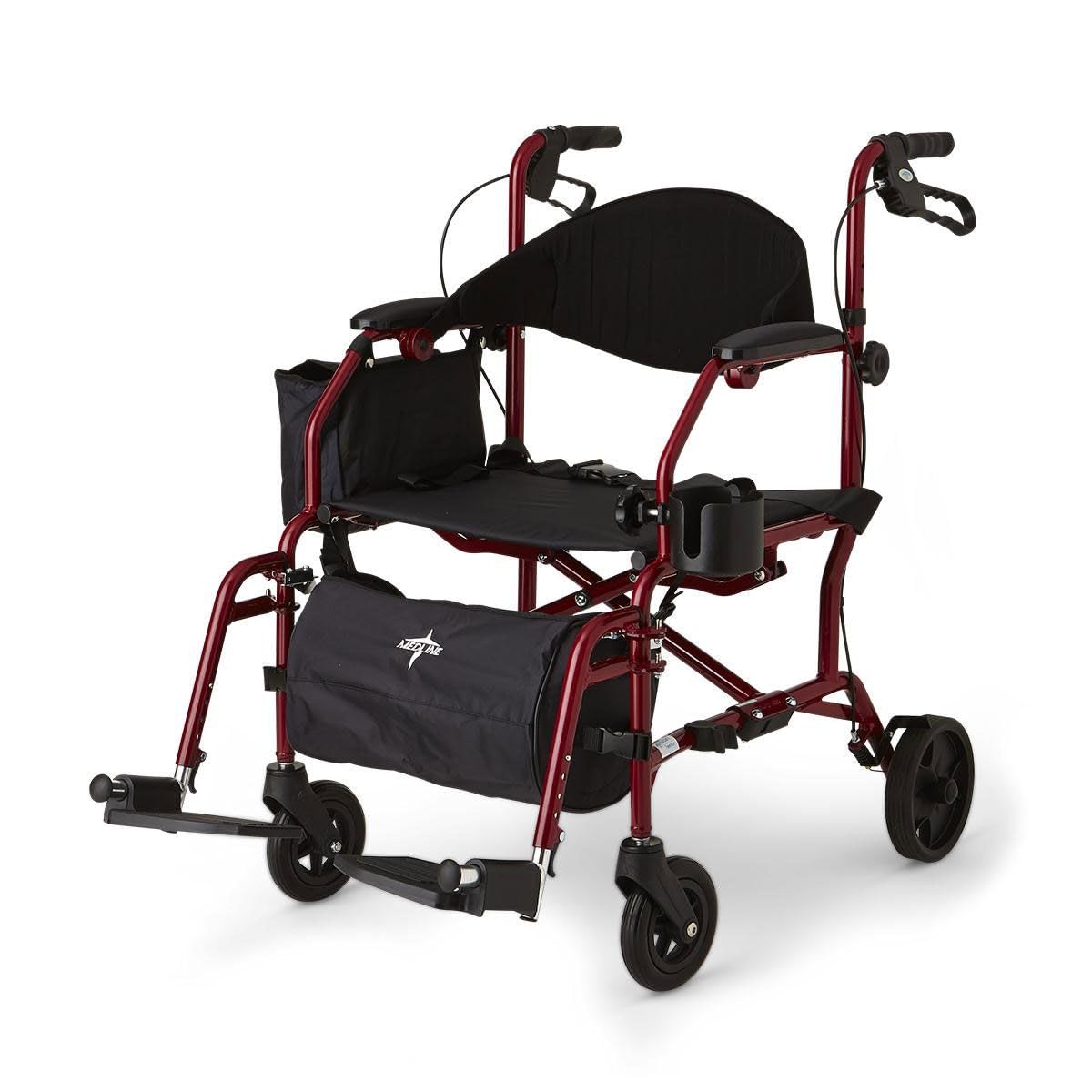 Medline Red Rollator and Transport Chair with Desk-Length Arms & Swing-Away Footrests - Lightweight Mobility Aid for Seniors & Disabled - Ideal for Indoor/Outdoor Use, Shopping, Doctor Visits & Travel