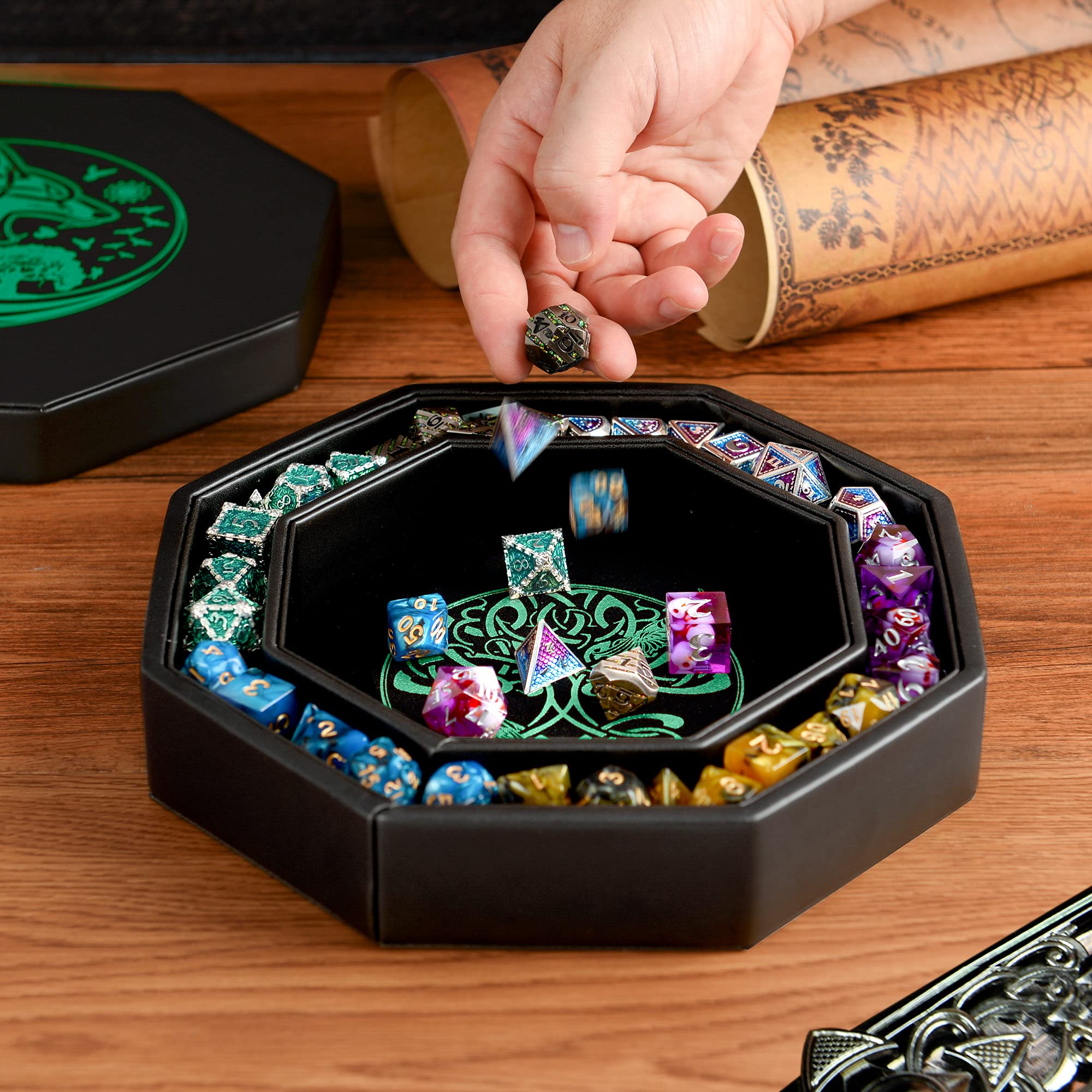 Premium 8 Inch DND Dice Tray for Dungeons & Dragons - Exquisite Green World Tree & Wolf Raven Design Dice Rolling Tray with Storage Box - Perfect for D&D, RPG Games, Tabletop Gaming & Dice Protection