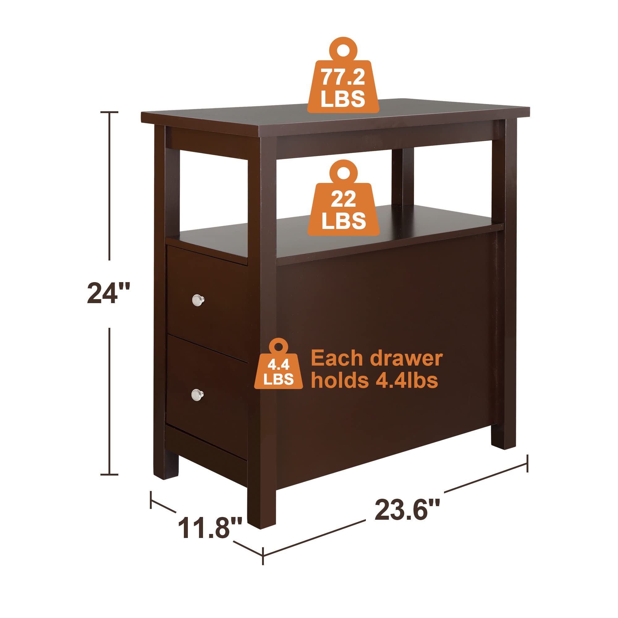 2-Piece Narrow End Table Set with 2 Drawers & Storage Shelf - 3-Tier Slim Sofa Side Table for Living Room, Bedroom & Small Spaces - Espresso Finish | Perfect for Apartment Decor, Coffee Table Alternative & Space-Saving Furniture