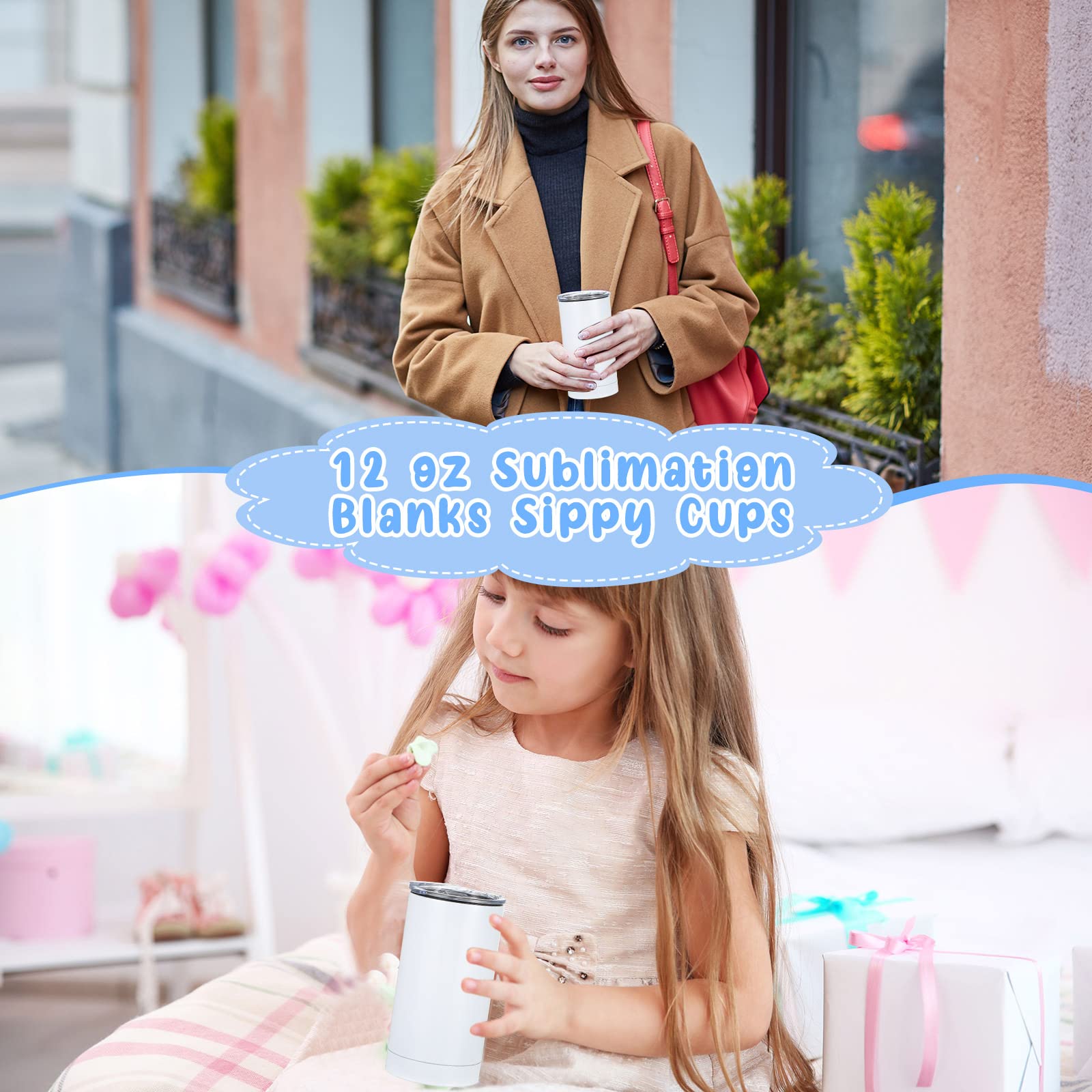 20 Pack 12oz Sublimation Sippy Cups - Blank Stainless Steel Kids Tumblers with Handle & Lid - Insulated Water Bottles for Toddlers - DIY Party Favors & Gifts - Perfect for Birthdays, Preschool & Outdoor Activities