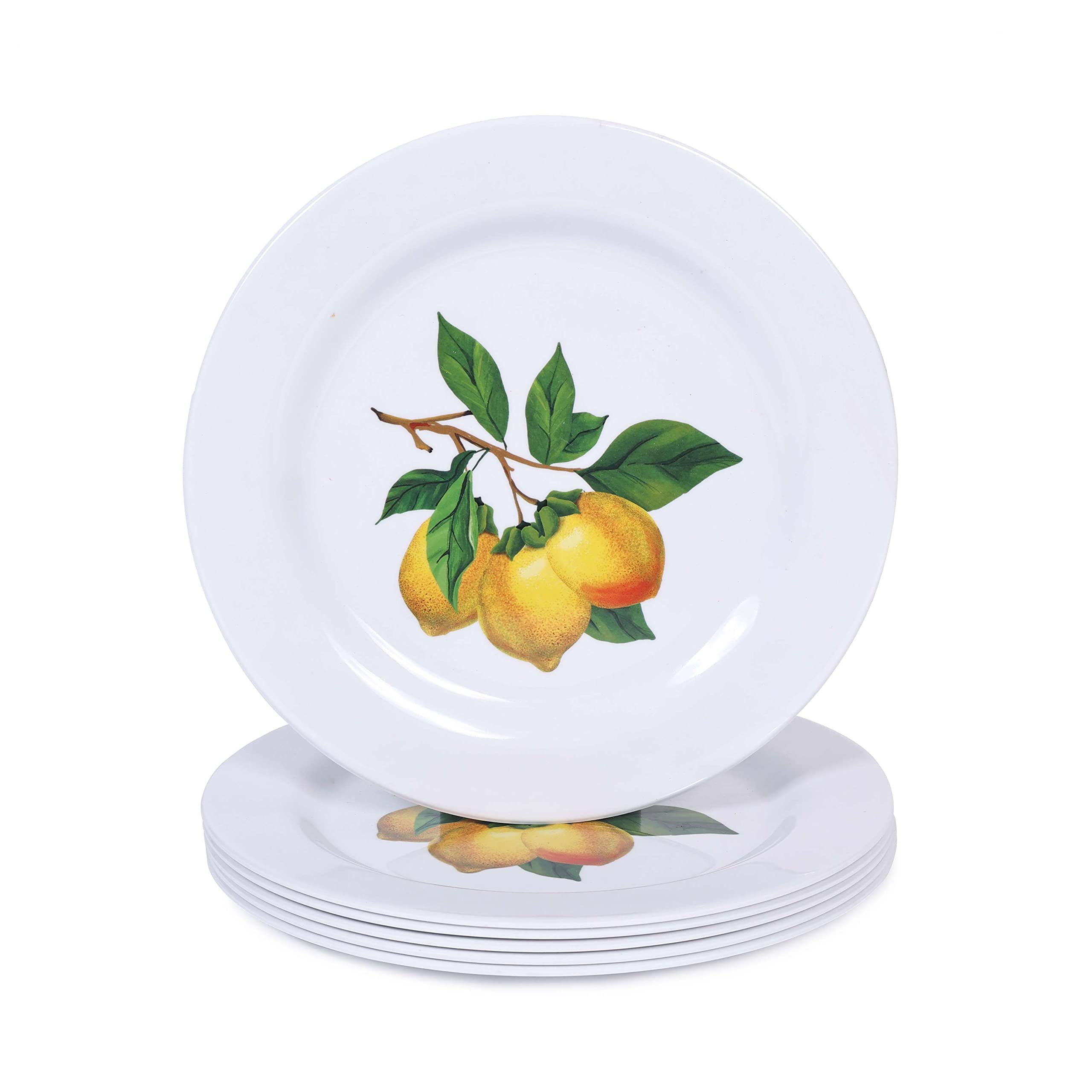 6-Piece White Melamine Dinner Plates Set - 10 Inch Durable Lemon Design Plates for Party, Camping, RV Travel | Dishwasher Safe & Lightweight for Outdoor Dining & Picnics