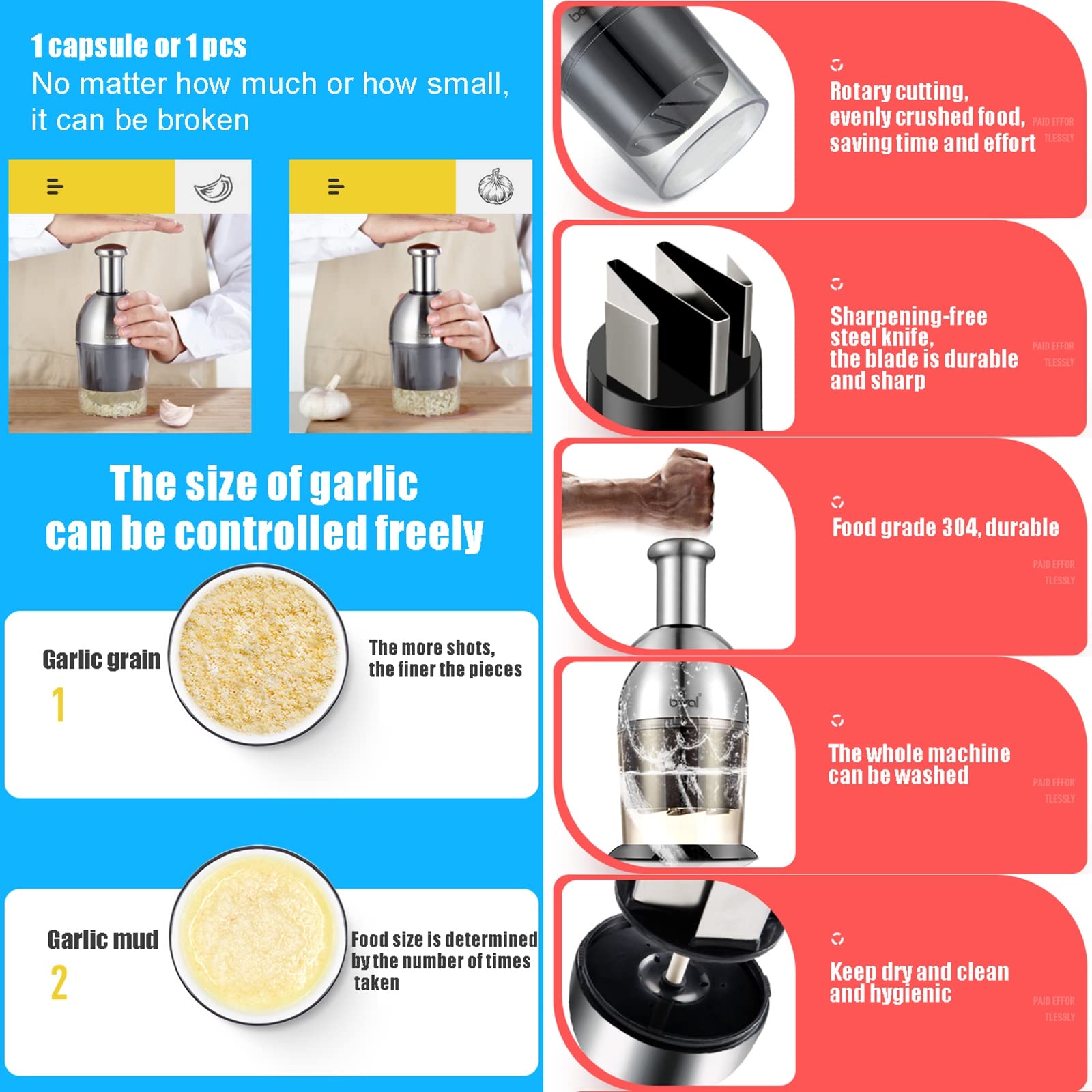 Stainless Steel Manual Food Chopper - Garlic Crusher, Nut Chopper & Vegetable Cutter with Cleaning Brush | Perfect for Onions, Fruits, Herbs & Meal Prep | Kitchen Gadget for Easy Cooking & Healthy Eating