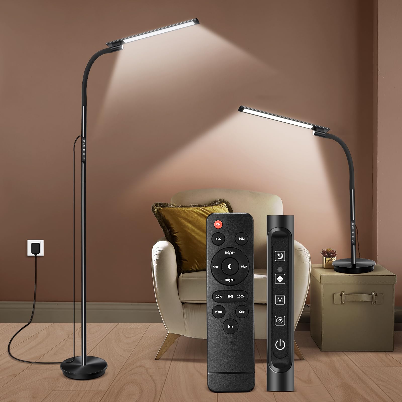 Modern LED Floor Lamp with Remote & Touch Control - Adjustable Gooseneck Standing Light with 5 Color Temperatures & 5 Brightness Levels, Night Light Feature - Perfect for Living Room, Bedroom, Office Reading & Ambient Lighting