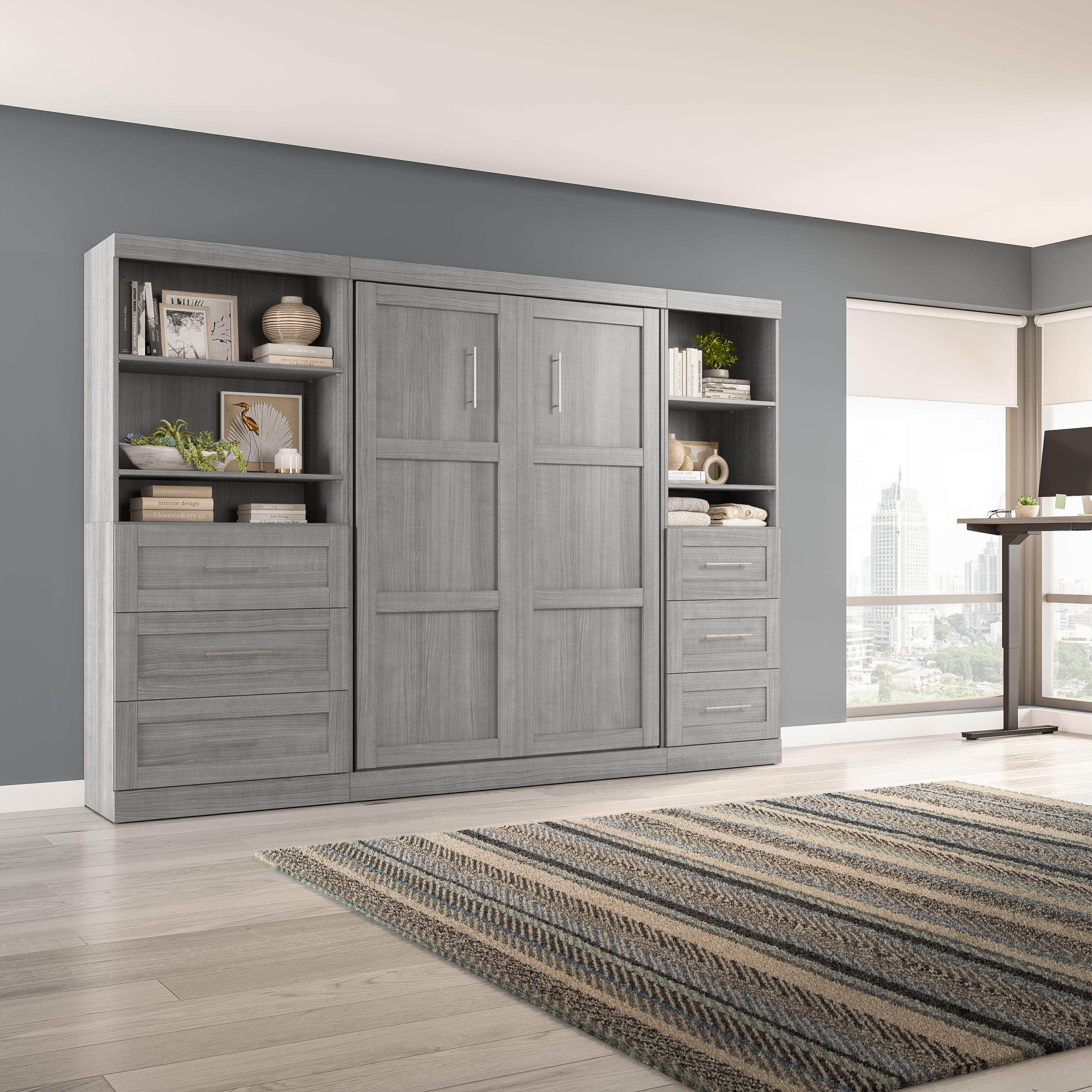 Pur Full Murphy Wall Bed with 2 Storage Units & Drawers (120 Inch) - 5 Color Options | Space-Saving Wall Bed for Small Apartments & Guest Rooms
