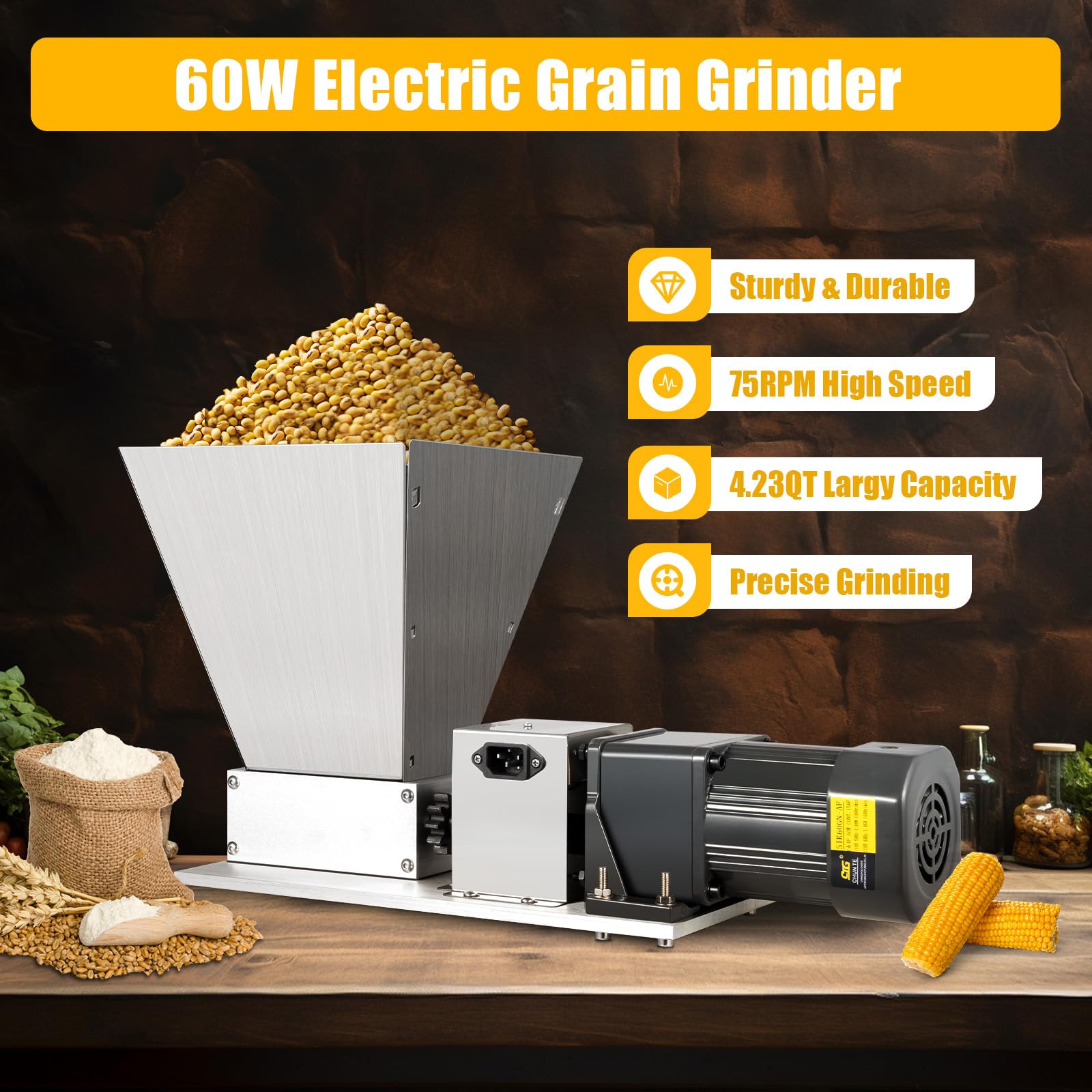 SHZICMY 60W Electric Grain Mill Grinder - Stainless Steel Barley Malt Crusher for Home Brewing, Cereal, Beans - Food Grade with 4x Hopper - Perfect for Home Brewers, Bakers & Healthy Cooking