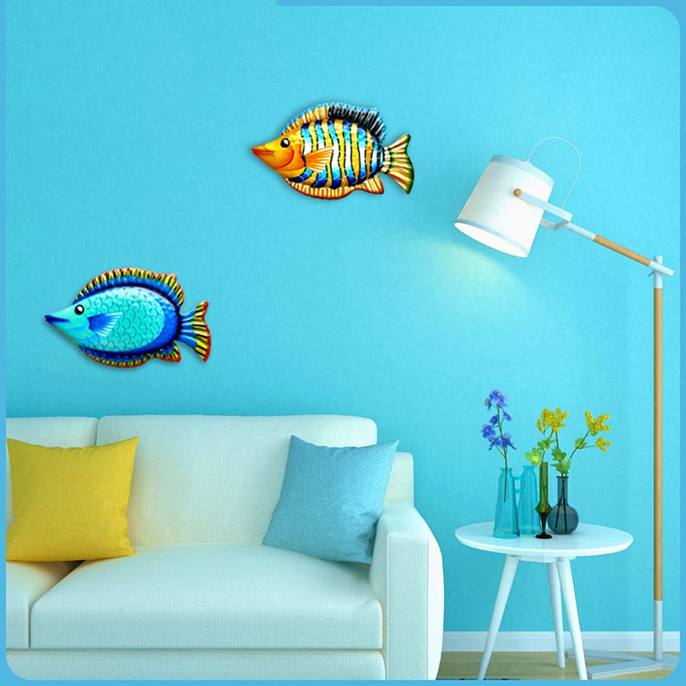 2Pcs Metal Fish Wall Art Decor - Ocean Themed Tropical Fish Sculptures for Home & Office - Handcrafted Blue & Orange Metal Wall Decor - Perfect for Beach House, Living Room, Bedroom & Bathroom Decor