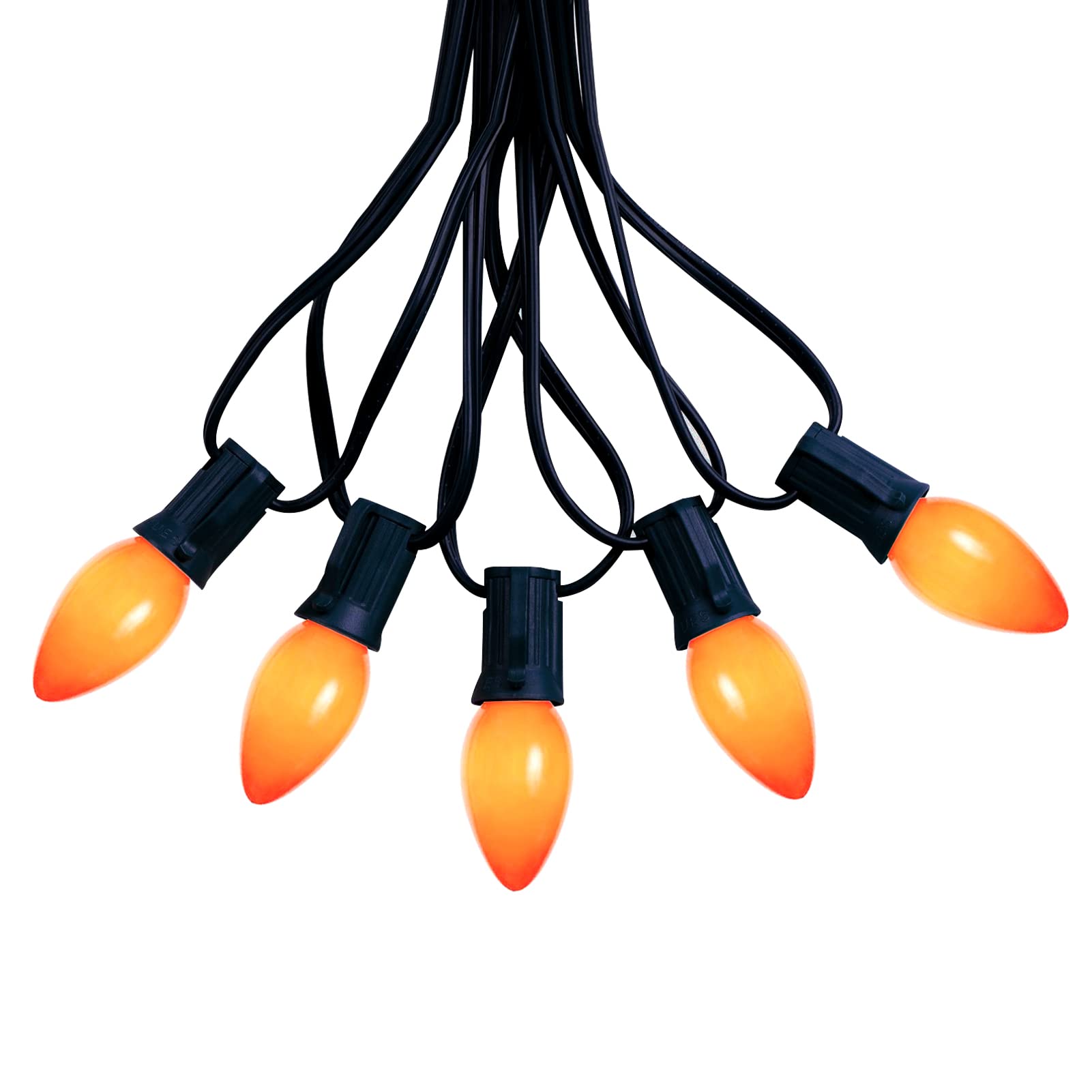 Vintage Ceramic Orange C7 LED String Lights - 25Ft Outdoor Hanging Lights with 27 LED Bulbs (Includes 2 Spare) for Halloween, Christmas, Wedding, Party & Cafe Decor - Weatherproof Black Wire - Perfect for Patio, Garden, Backyard & Holiday Decorations