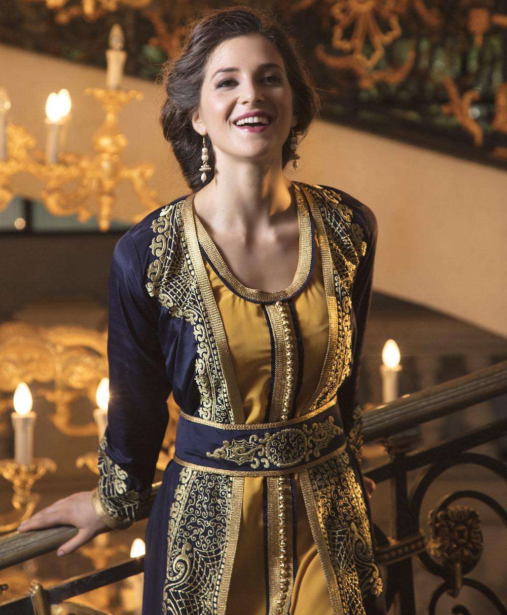 Elegant Dark Blue Designer Party Gown with Intricate Thread Work - Dubai Moroccan Kaftan MYPF1229 for Evening Events, Weddings & Special Occasions
