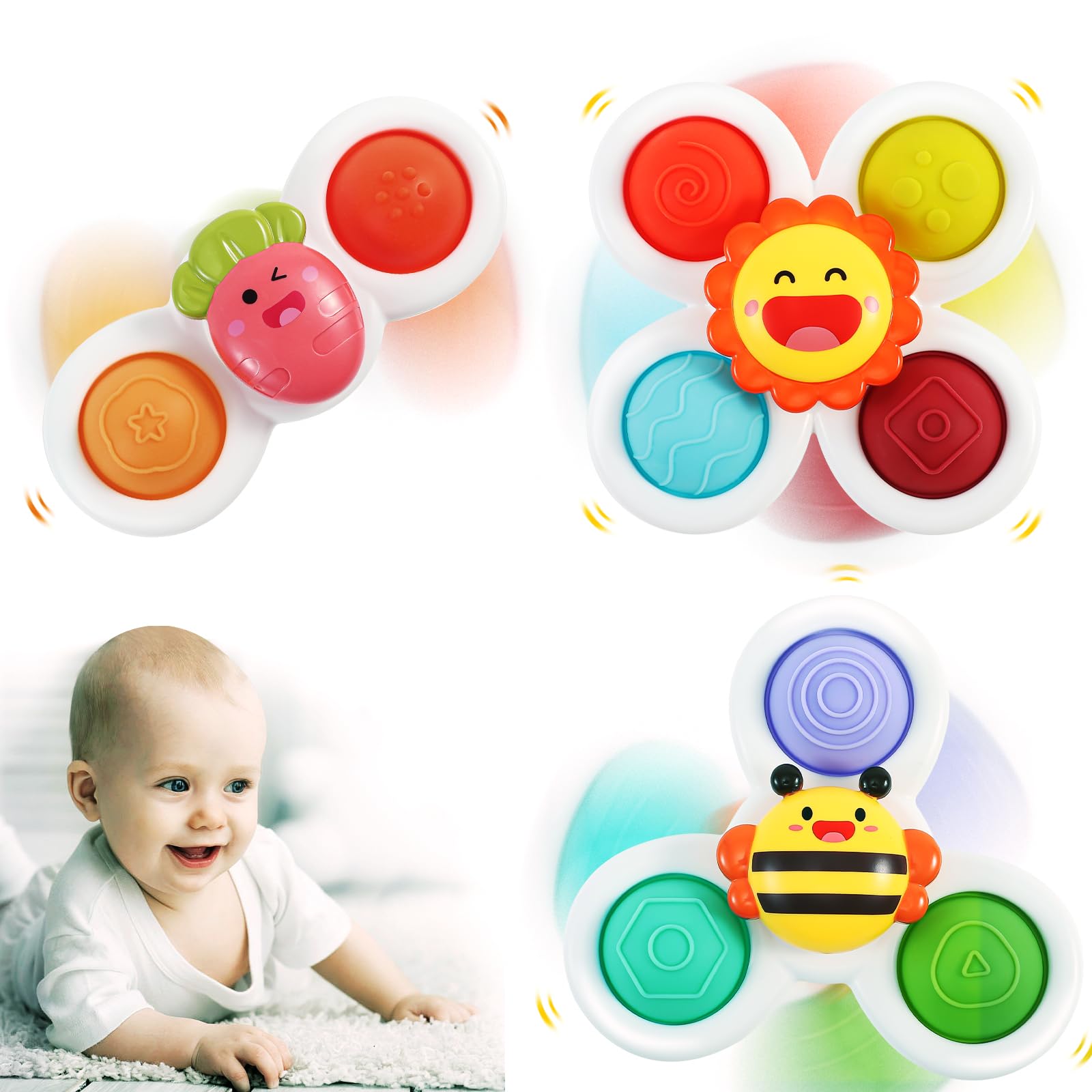 3-Piece Baby Sensory Suction Cup Toys for Toddlers 1-3 Years - Motor Skill Development Bath & Highchair Toys for Boys & Girls - Safe BPA-Free Sensory Play for Bathtime, Mealtime & Learning Activities