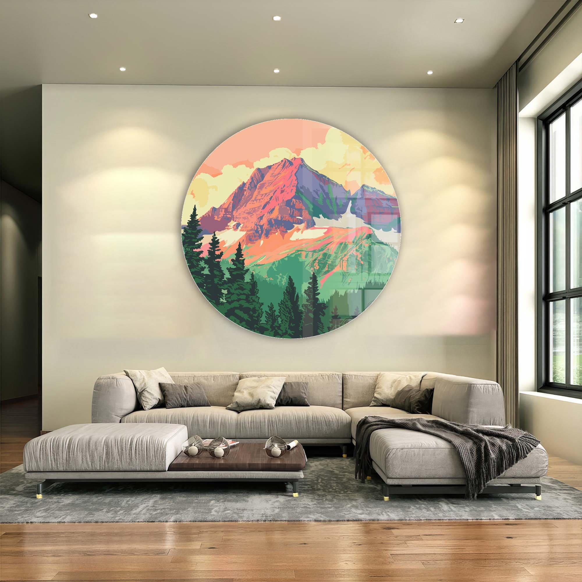 Mountains Illustration Rounded Glass Wall Art - Nature-Inspired Home Decor for Living Room, Bedroom & Office