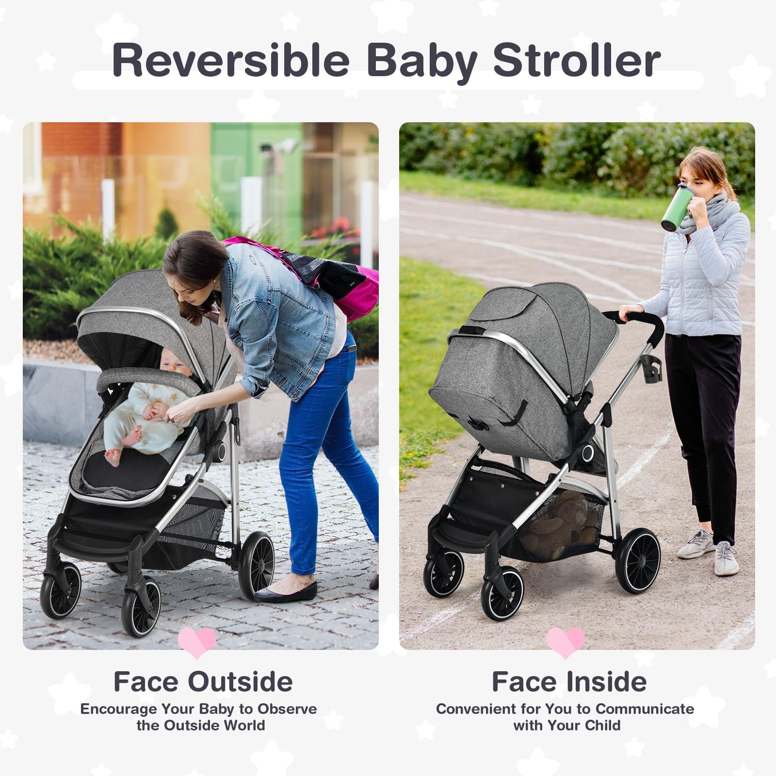 BABY JOY 2-in-1 Convertible Baby Stroller - Reversible Seat, Adjustable Canopy & Backrest, Removable Footmuff for Newborn to 3 Years (0-36 Months) | Lightweight Foldable Travel Stroller for Shopping, Park & Daily Use | Gray