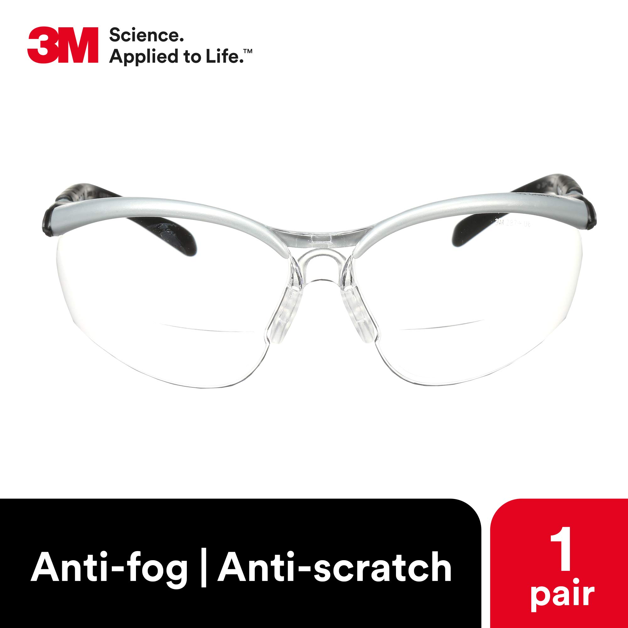 3M Safety Glasses with +2.5 Readers - ANSI Z87.1 Certified Anti-Fog & Scratch Resistant Clear Lens - Adjustable Silver Frame for Work, DIY & Home Projects - Perfect for Woodworking, Construction & Lab Use