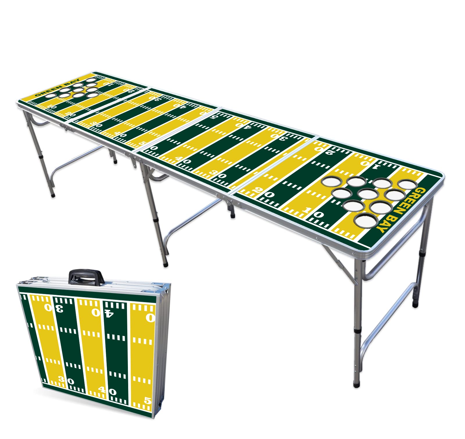 8-Foot Folding Portable Beer Pong Table with Optional Cup Holders & LED Lights - Green Bay Packers Football Field Design - Perfect for Tailgating, College Parties & Backyard Games (Choose Your Size)
