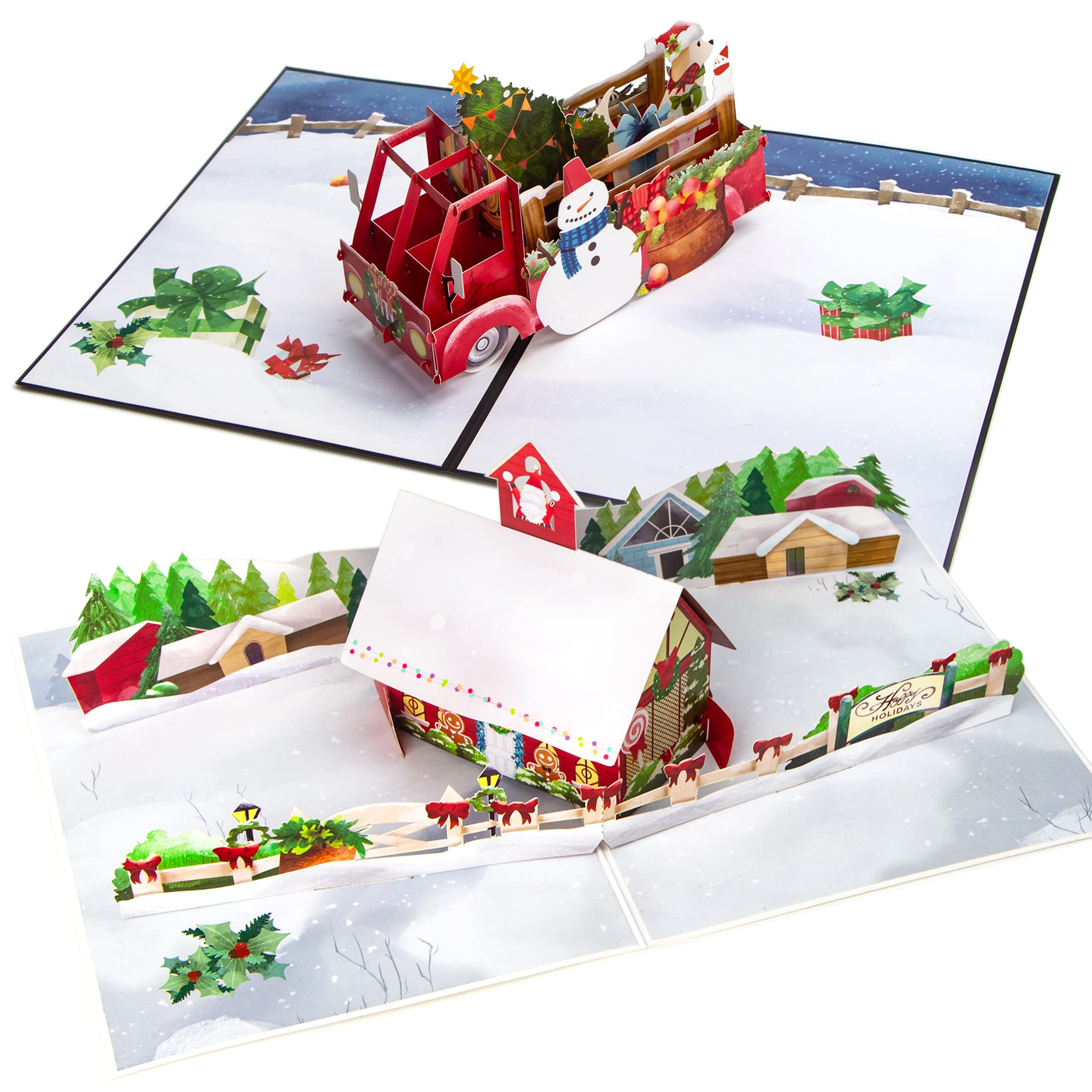 3D Pop Up Christmas Cards with Envelopes - 2 Pack Holiday House & Red Truck Design - Merry Xmas Greeting Cards for Family (Kids, Parents, Grandson, Husband) - Perfect for Holiday Gifts, Office Parties & Festive Home Decor