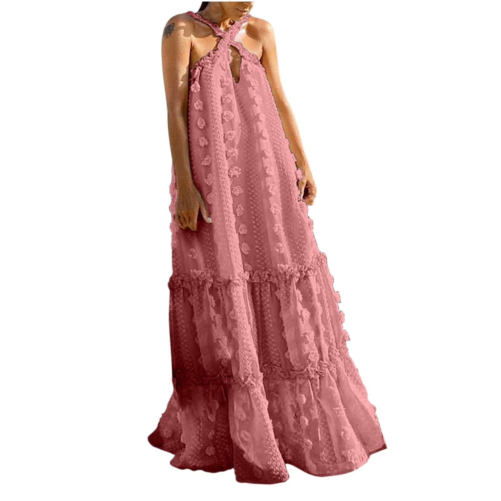 Boho Floral Maxi Dress for Women - Long Tiered Summer Dress with Ruffles & Pom Poms - Perfect for Beach Vacations, Music Festivals & Boho Chic Outfits