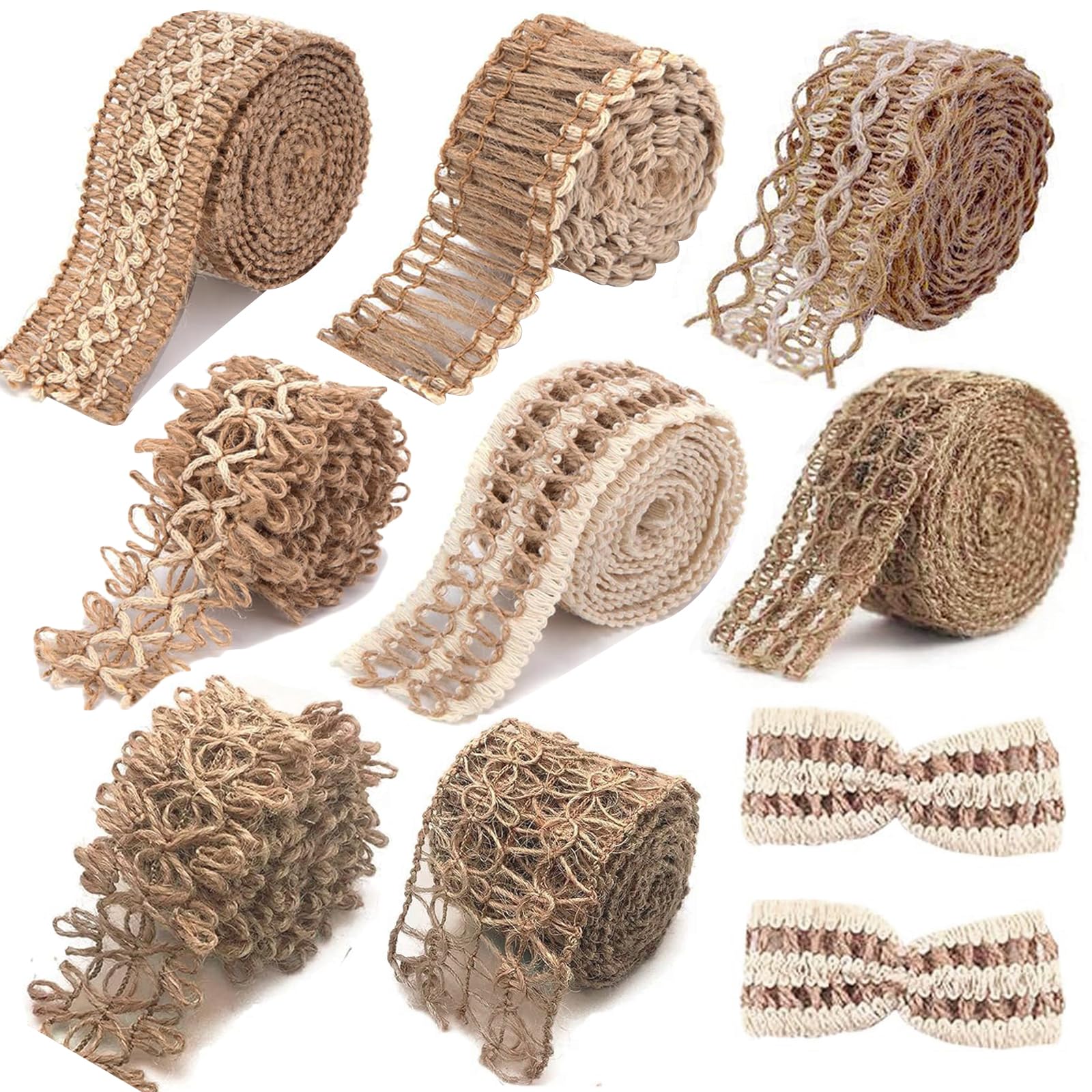 8 Rolls Natural Jute Ribbons for Crafts - 17.6 Yards Rustic Burlap Lace Ribbon for Gift Wrapping, Party Decor, Wedding & Holiday DIY Projects - Perfect for Rustic Wedding Centerpieces, Farmhouse Decor, and Handmade Gift Packaging