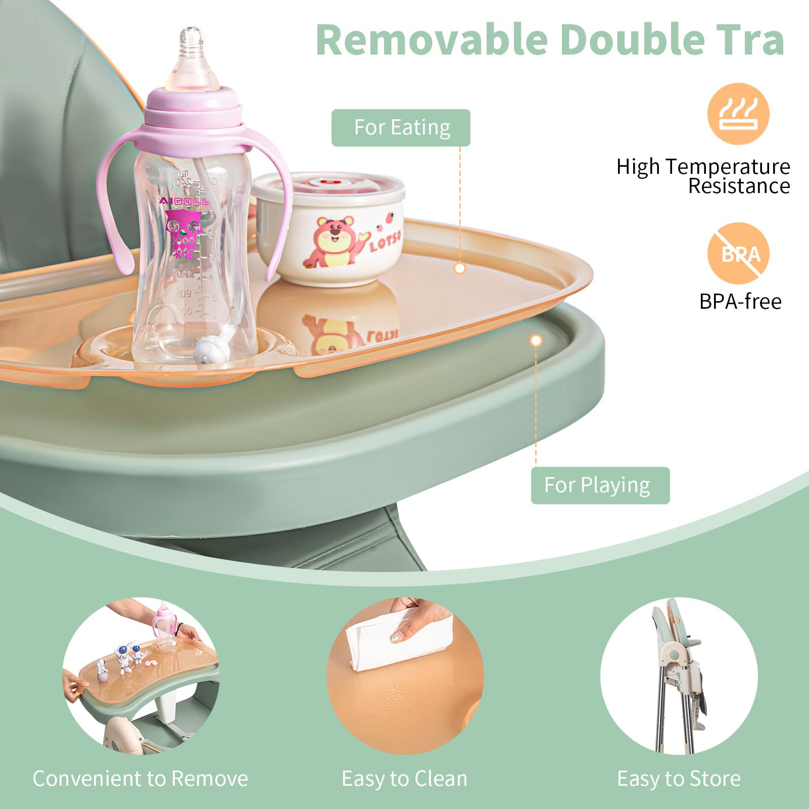 **Adjustable Baby High Chair for Infants & Toddlers - Foldable, 4-Wheel Design with Double Removable Trays - Supports Up to 50KG - Perfect for Feeding, Playtime & Dining**