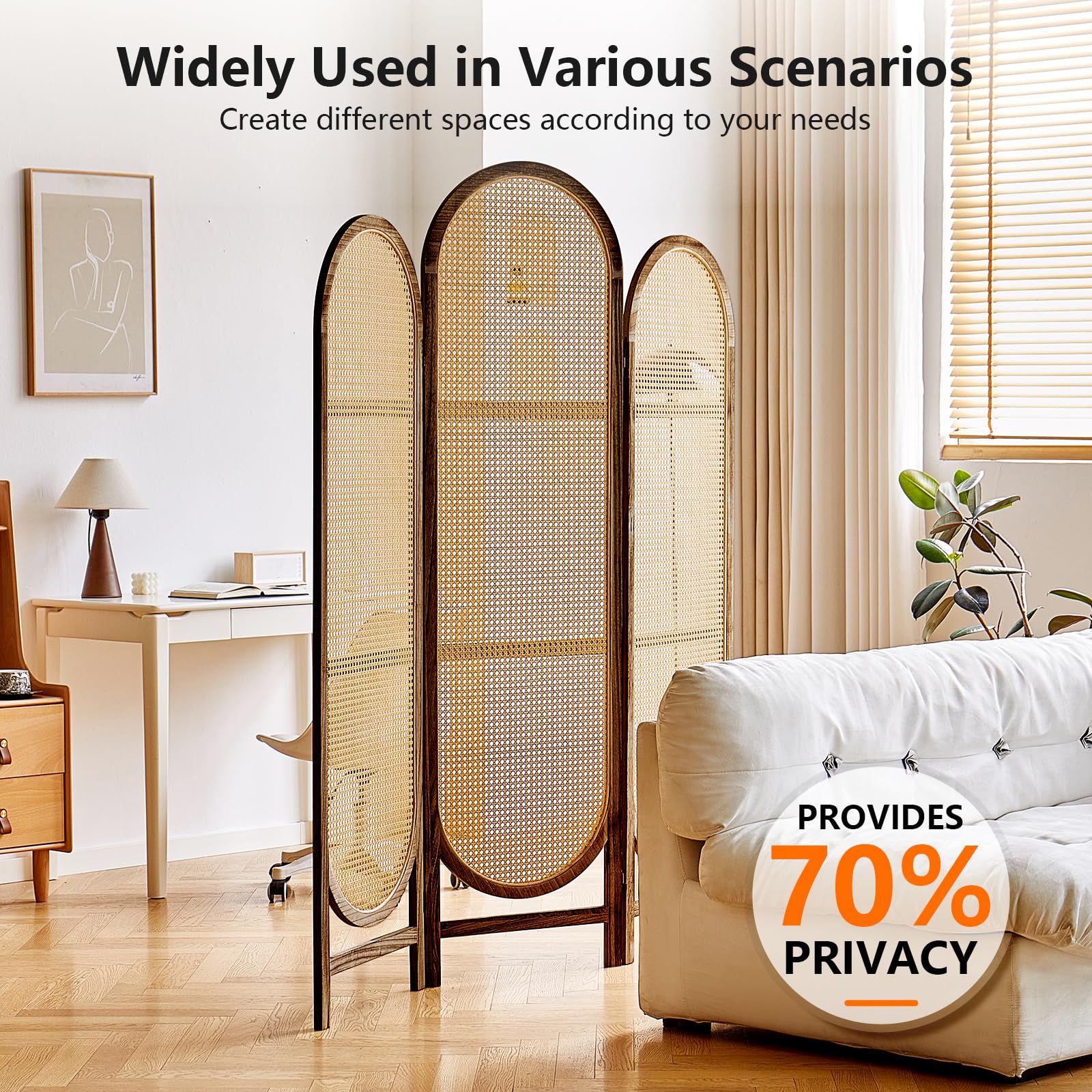 3-Panel Wood Room Divider | Folding Rattan Partition Screen with Unique Design | Portable Privacy Wall Divider for Home, Office, Restaurant & Bedroom (Brown) | Perfect for Space Separation & Interior Decor