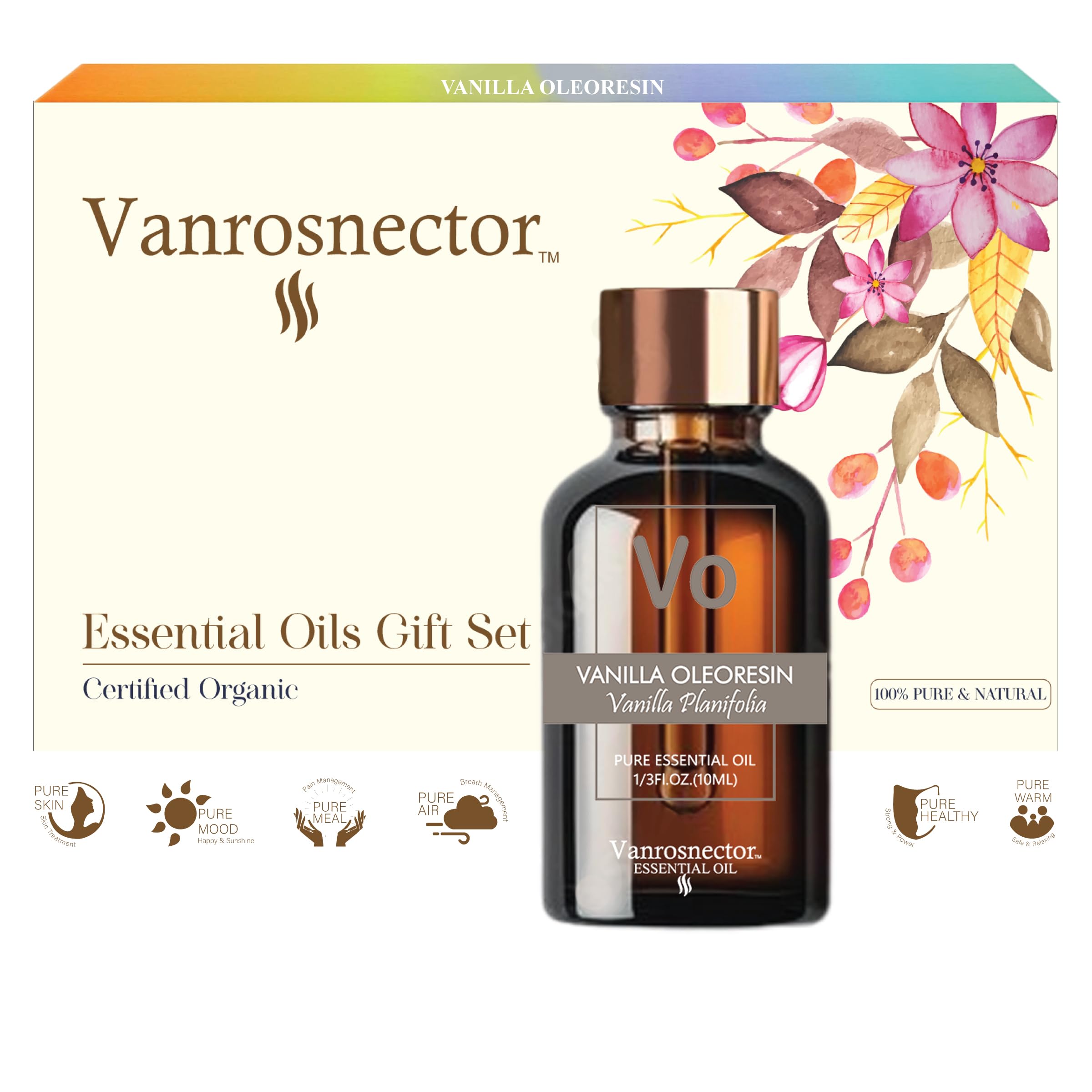 Vanrosnector 100% Pure Therapeutic Grade Essential Oils Set - Organic Undiluted Aromatherapy Oils for Diffusers, Massage & Relaxation | Vanilla Oleoresin, Lavender, Peppermint & More | Perfect for Home Spa, Yoga & Stress Relief