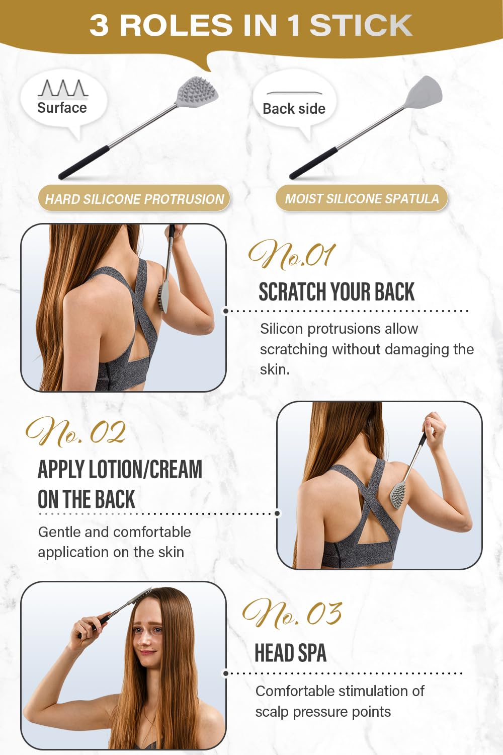 ROUNDS Back Scratcher - Gentle Silicone Protrusion for Itch Relief | Cream Applicator & Head Massager | Portable & Extendable Telescopic Design | Perfect for Travel, Home Use & Spa Treatments