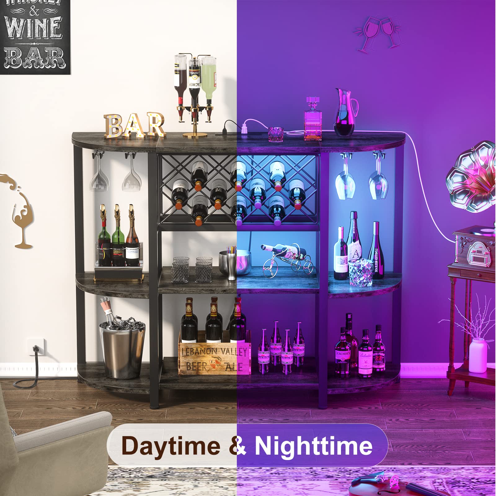 Unikito 4-Tier Metal Coffee Bar Cabinet with Power Outlet & LED Lights - Freestanding Floor Bar Table with Glass Holder & Wine Rack Storage - Gray Oak Kitchen Bar Cart for Coffee, Wine & Liquor Organization - Perfect for Dining Room, Kitchen or Home Bar Setup