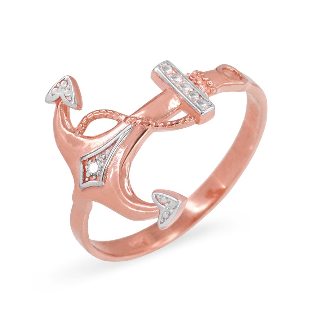 10K Two-Tone Rose Gold Diamond Accent Fouled Anchor Ring - Nautical Jewelry for Men & Women, Perfect for Gifts, Weddings, and Everyday Wear