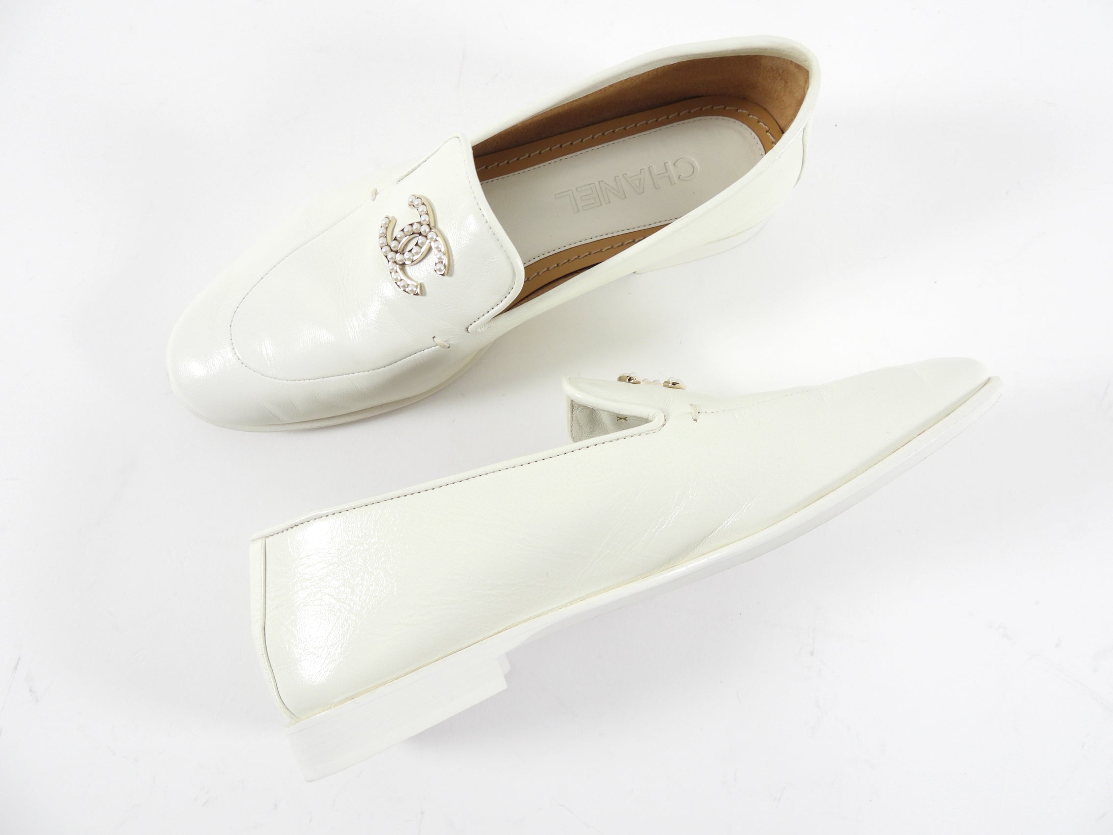 Chanel Ivory Leather Pearl CC Loafers Women's Size 37 / 36.5 - Classic Luxury Flats for Office, Party & Everyday Wear