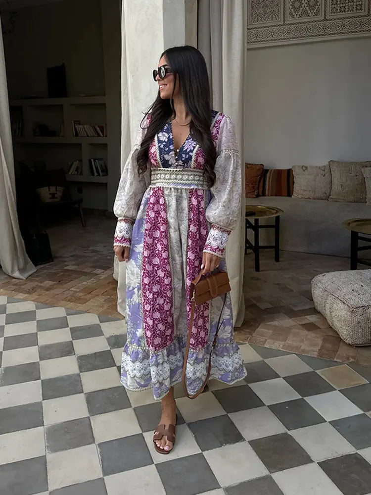 Stylish Patchwork Print Maxi Dress for Women - Long Sleeve V-Neck High Waist Vestidos - Perfect for Vacation, Party & Club Wear