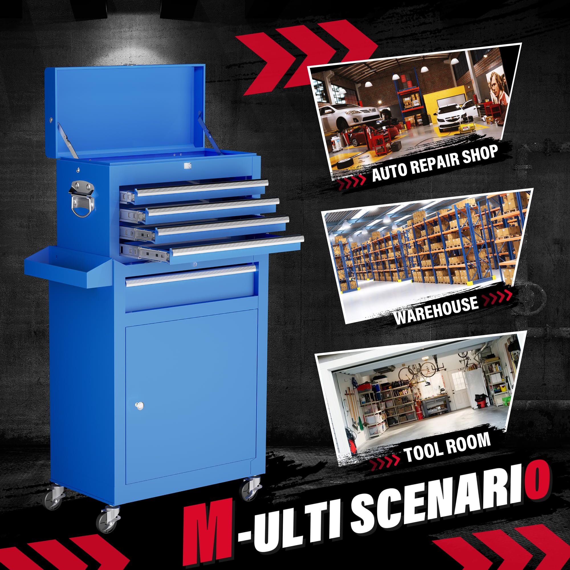 Greenvelly 5-Drawer Rolling Metal Tool Chest with Wheels, 2-in-1 Detachable Tool Cabinet, Locking System & Liners - Heavy Duty Garage Storage for Workshop, Warehouse, Barber Shop (Blue) - Perfect for Mechanics, DIY Enthusiasts & Professional Tradesmen