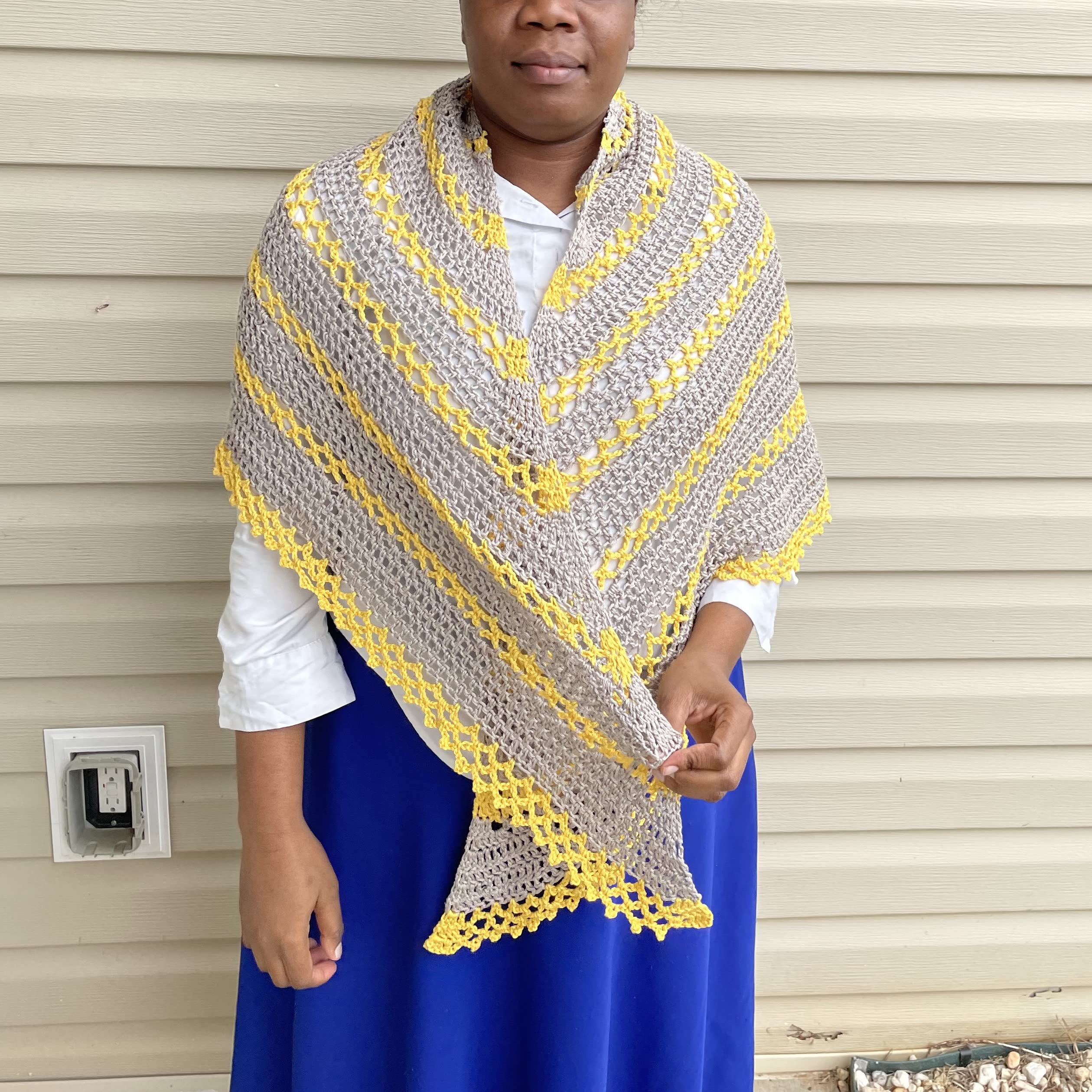 Gray and Yellow Striped Lacy Crochet Shawl - Large Triangle Wrap Scarf with Mesh Lace Design, 100% Pure Cotton - Perfect for Beach Cover-Up, Boho Fashion & Evening Events