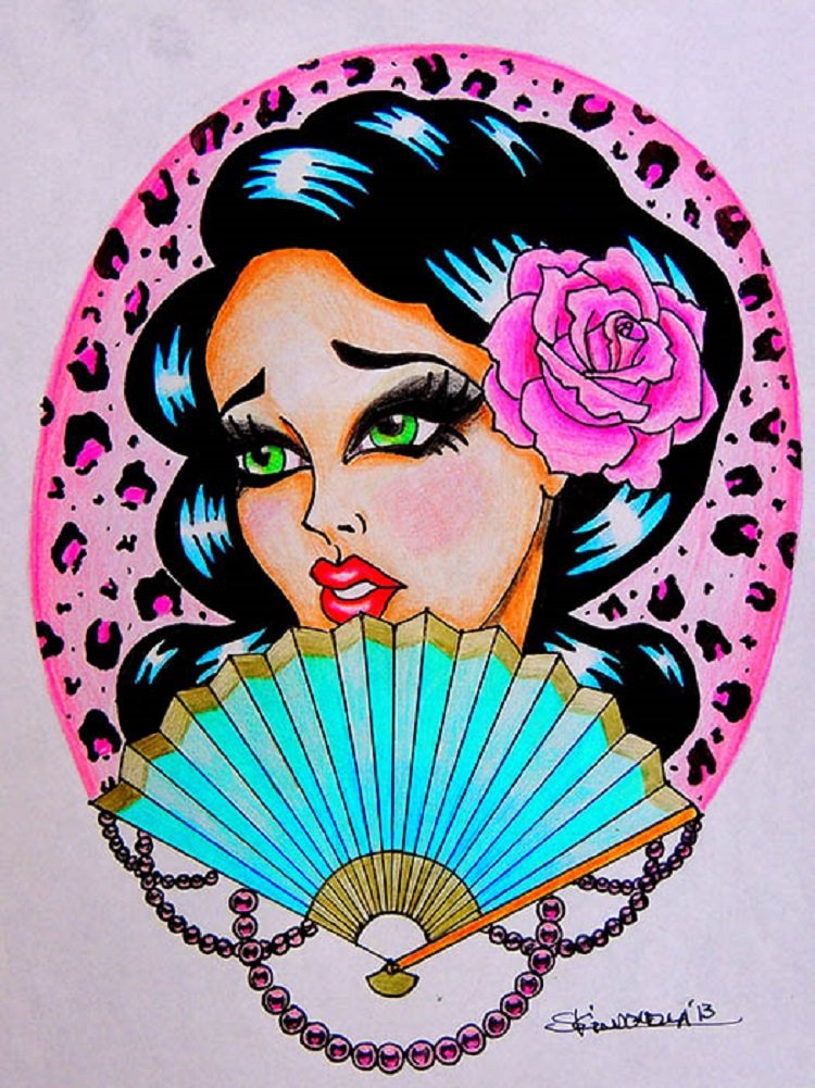 Skinderella Rockabilly Pin-Up Girl with Fan Tattoo Framed Art Print - Vintage Pink Wall Decor for Bedroom, Living Room & Retro Style Home