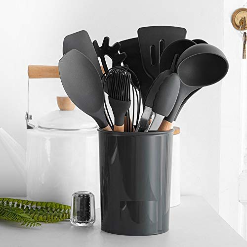 Premium Silicone Kitchen Utensil Set with Wooden Handles - 12-Piece Heat-Resistant Cooking Tools Including Spatula, Turner, Tongs & Whisk - Non-Slip Holder Included - Perfect for Baking, Frying & Everyday Cooking (Black)