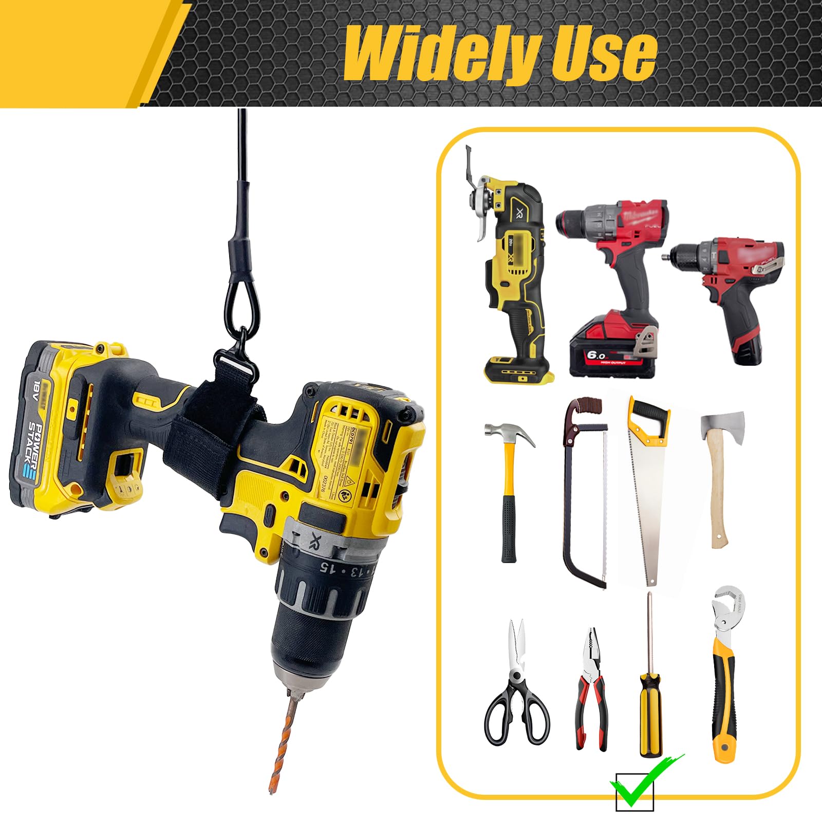 Safety Fall Protection Lanyard for Power Tools - Adjustable Tool Tether with Carabiner Clip, Holds 2.5