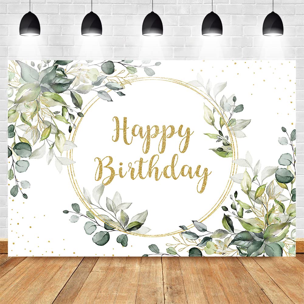 Premium Greenery Gold Birthday Backdrop - 8x6ft Eucalyptus Happy Birthday Party Background for Cake Table, Photo Booth, Decor - Elegant Green Leaves Banner for Wedding, Baby Shower, Anniversary Celebrations
