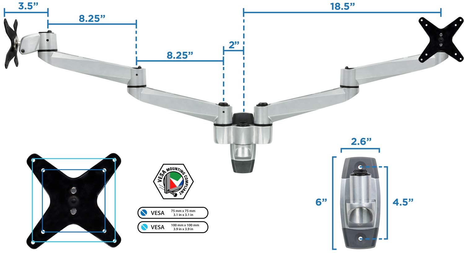 Mount-It! Premium Modular Dual Monitor Wall Mount Arms - Adjustable Tilt Swivel VESA Mount for 13-27 Inch Screens (75x75/100x100mm) - Silver | Perfect for Home Office, Gaming Setup & Workspace Ergonomics