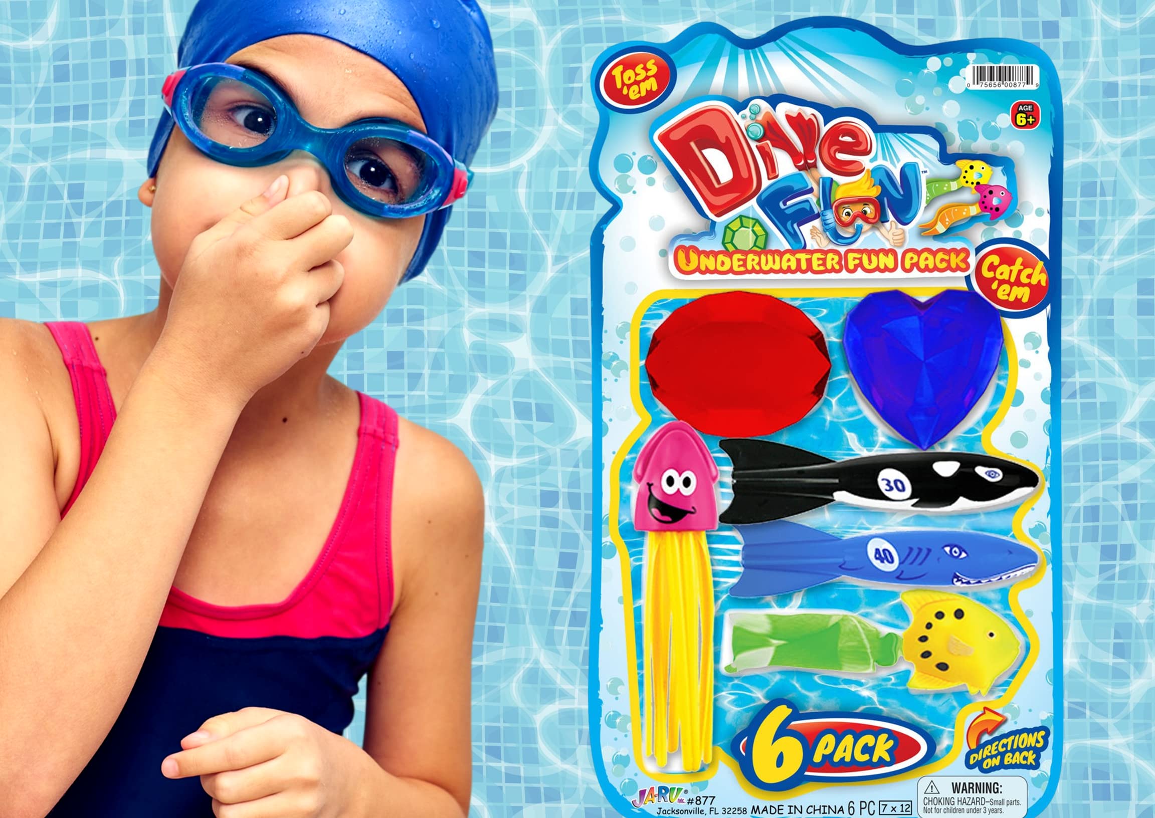JA-RU Pool Diving Toys Set (6 Pack) - Sinking & Floating Bath Toys with Gems & Shark for Kids - Perfect for Swimming Pools, Beach Games, Birthday Party Favors and Outdoor Water Activities - Fun Summer Pool Accessories for Children