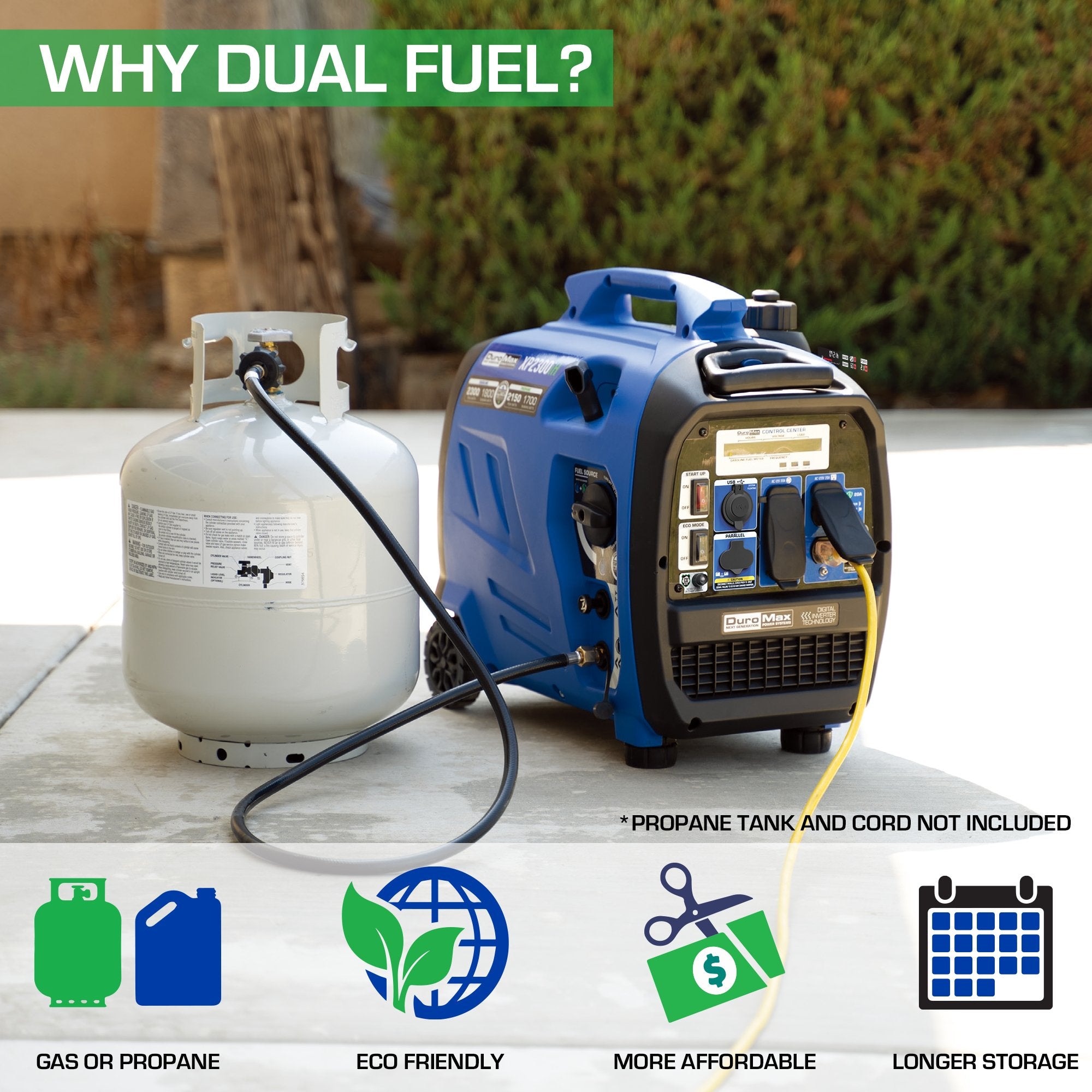 DuroMax XP2300IH 1800W/2300W 80cc CO Alert Dual Fuel Inverter Generator - Portable Power for Camping, RV Trips & Emergency Backup