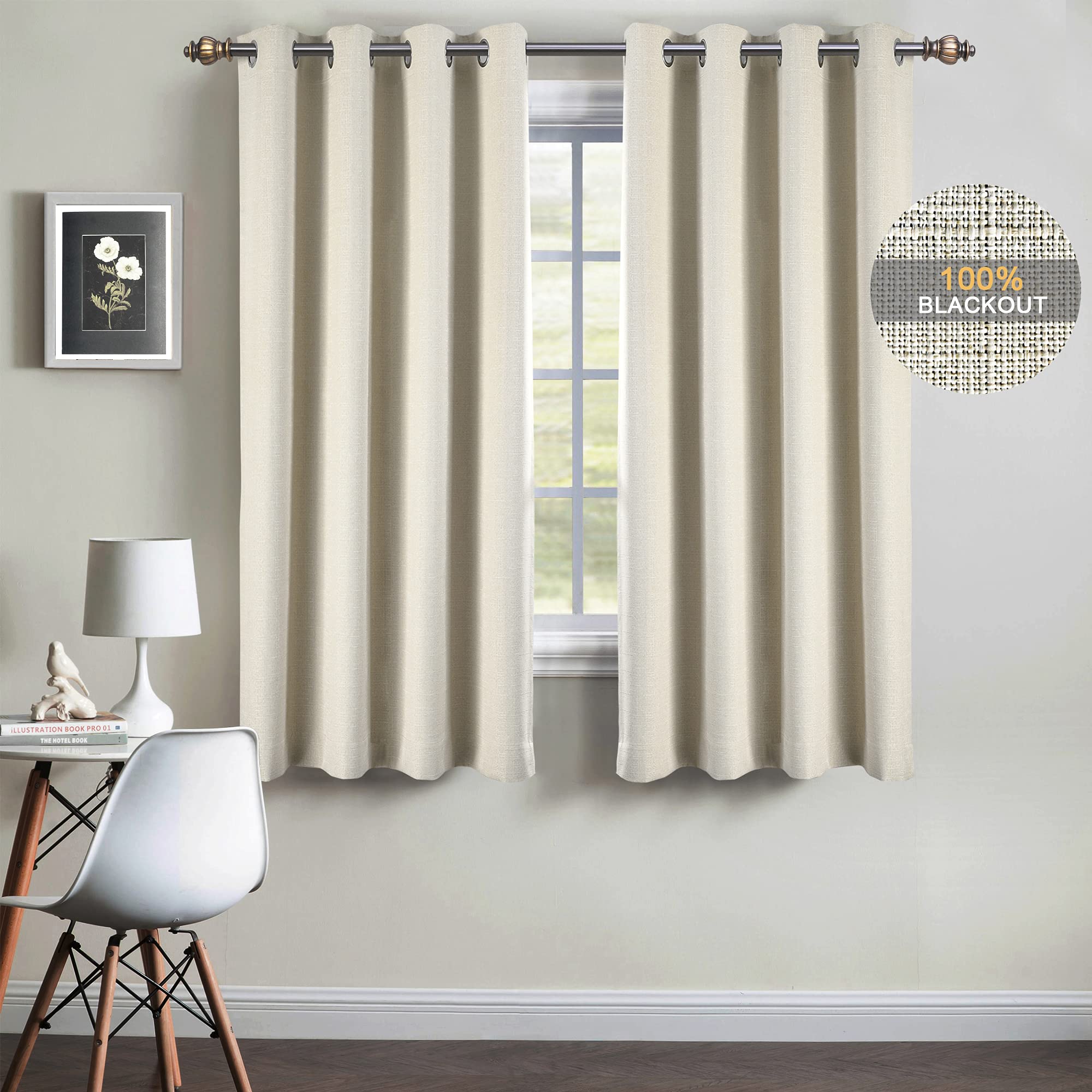SINGINGLORY 100% Blackout Thermal Insulated Curtains for Bedroom & Living Room - 52x63 Inch Long Linen Textured Grommet Window Drapes with Tiebacks (2 Panel Set, Beige) - Perfect for Light Blocking, Privacy & Energy Efficiency