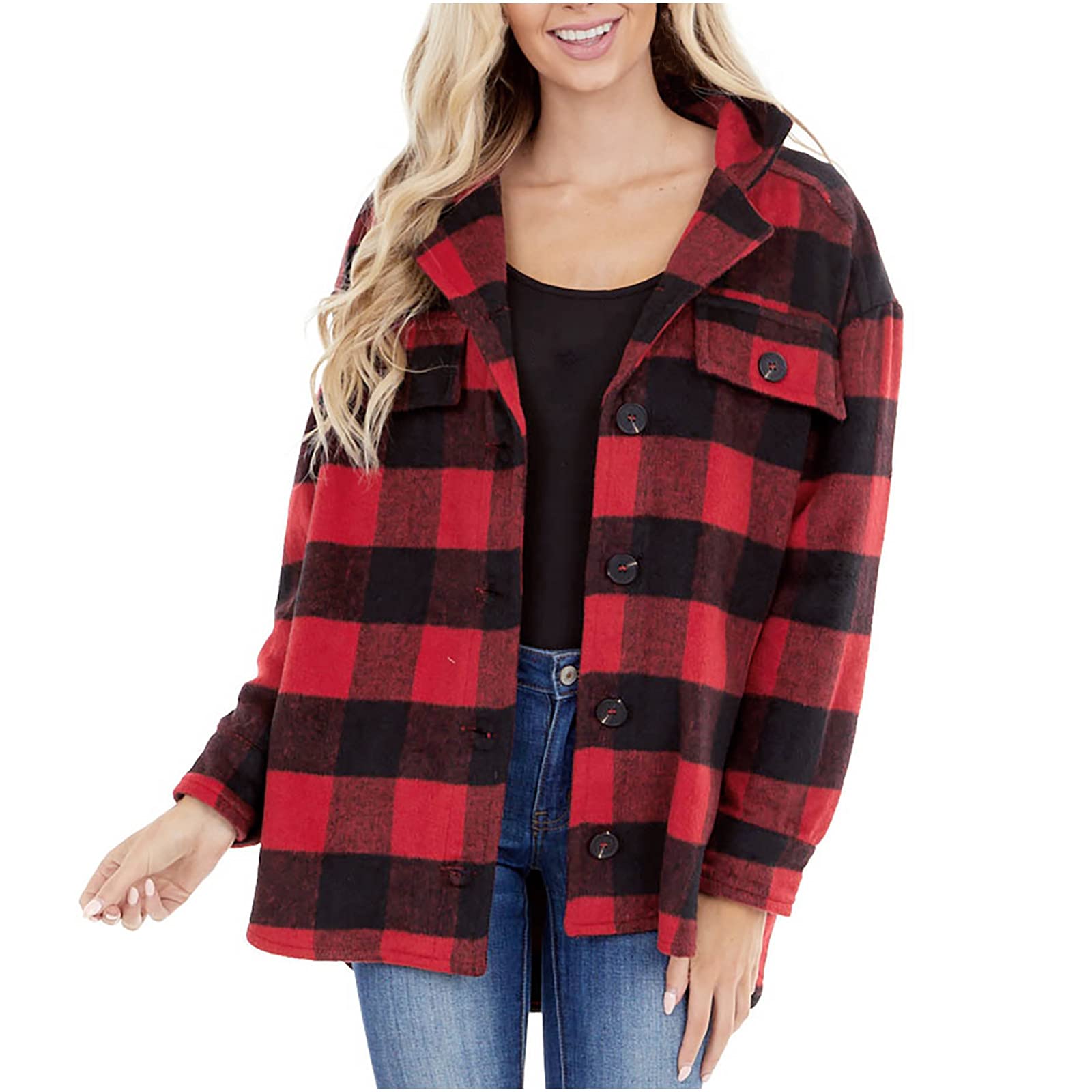 Women's Warm Plaid Wool Jacket - Winter Casual Button Coat with Soft Plush Lining | Cozy Outerwear for Cold Weather, Office, and Weekend Outings
