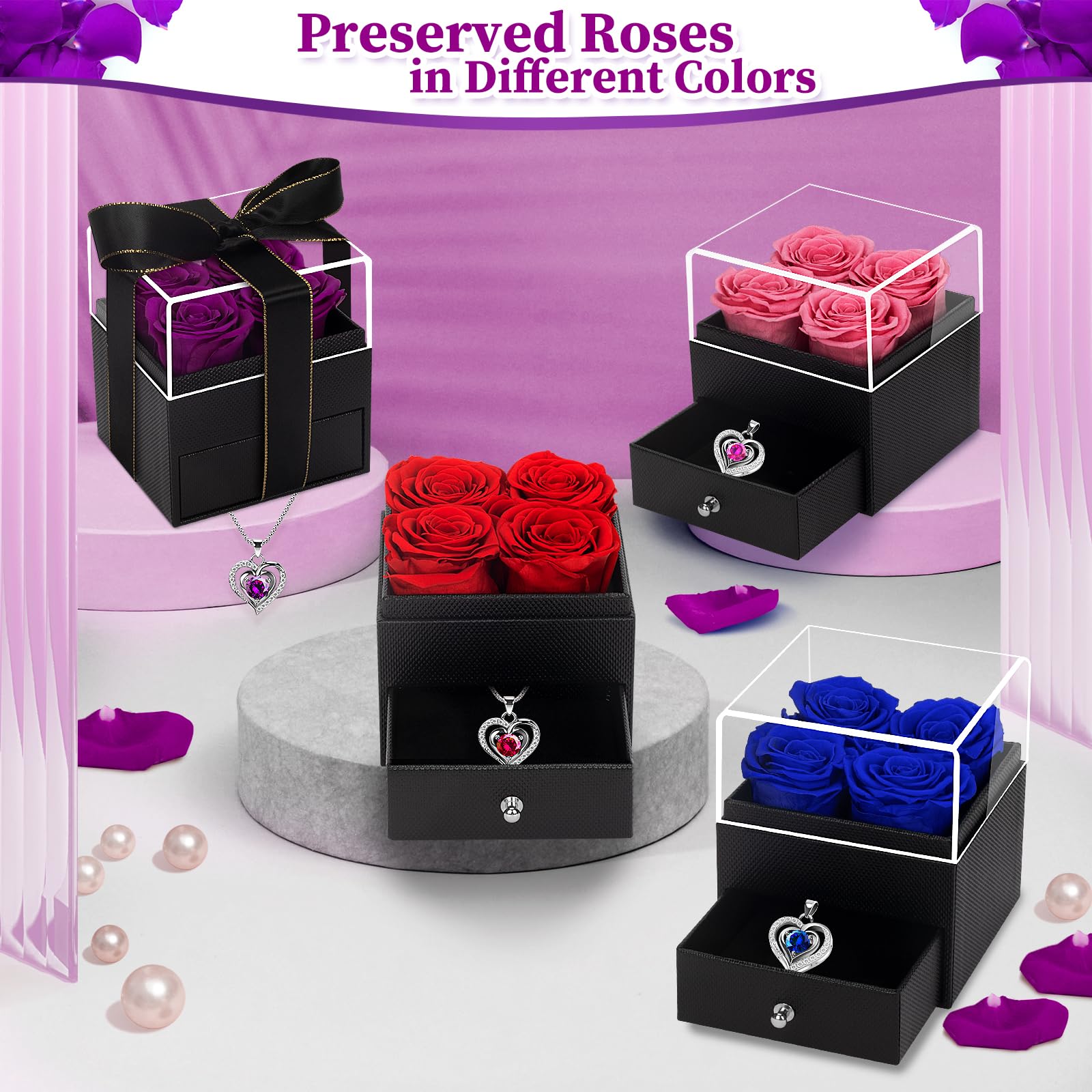 LACCHOUFEE Preserved Rose Gift Box with Necklace - 4 Real Roses Eternal Flower Arrangement for Women, Mom, Wife, Grandma, Teacher, Nurse | Perfect Birthday, Anniversary, Valentine's Day Present for Her - Romantic Home Decor & Special Occasion Gift